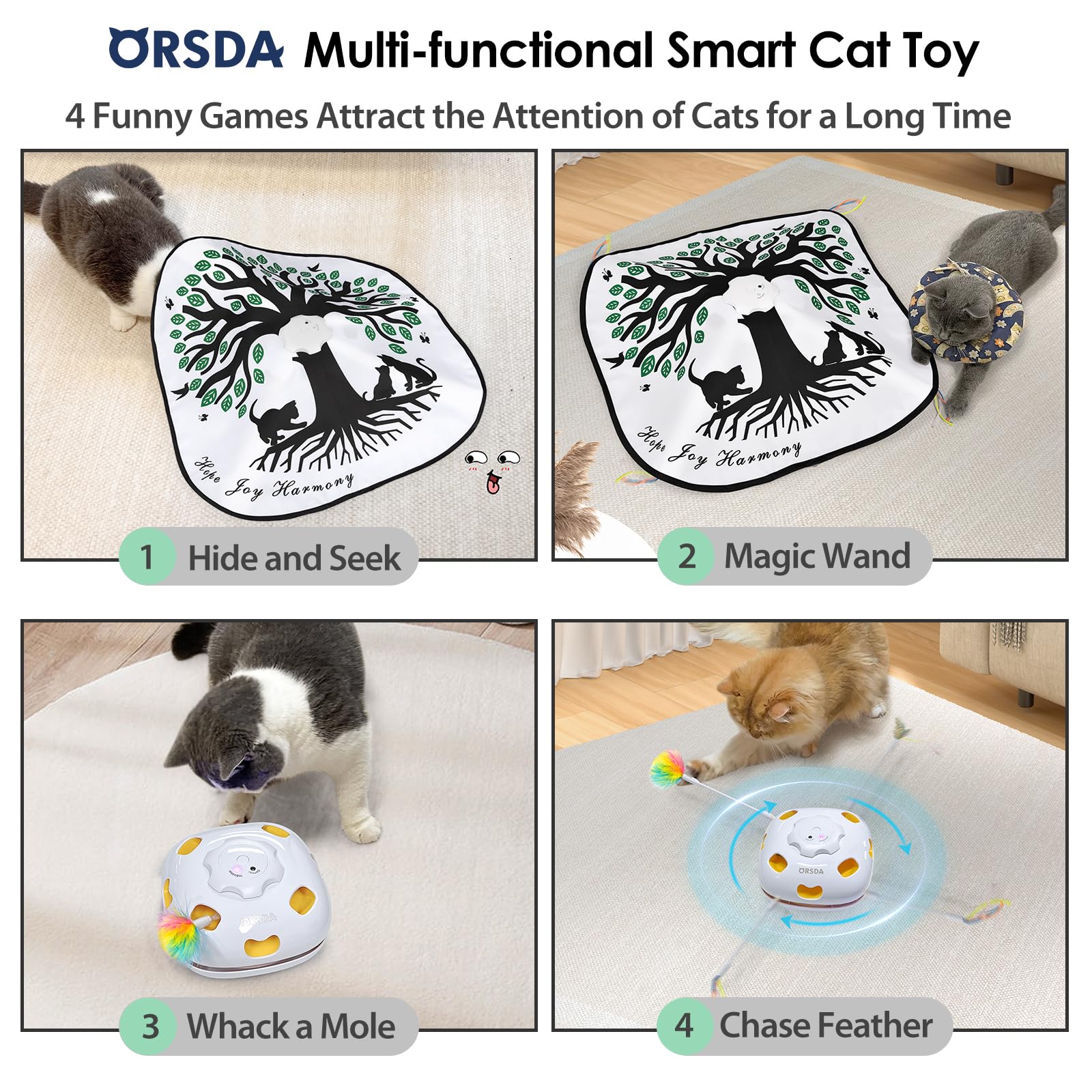 Orsda Cat Toys For Indoor Cats 4 In 1 Interactive Automatic Cat Toys For Bored Indoor Adult Cats Kitten Toy Rechargeable 8 Hole