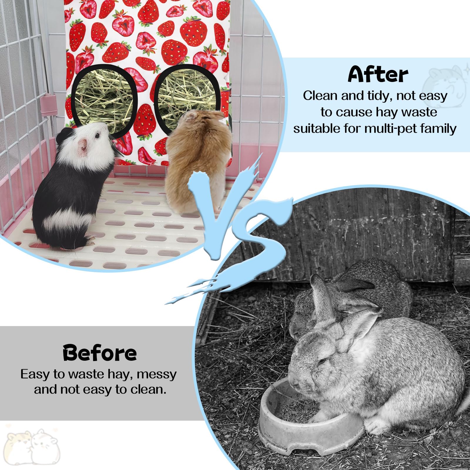 3 Pcs Rabbit Hay Feeder, 2-Hole Hanging Guinea Pig Hay Bags Washable Bunny Hay Bag for Rabbits, Chinchillas, Hamsters, Small Pet