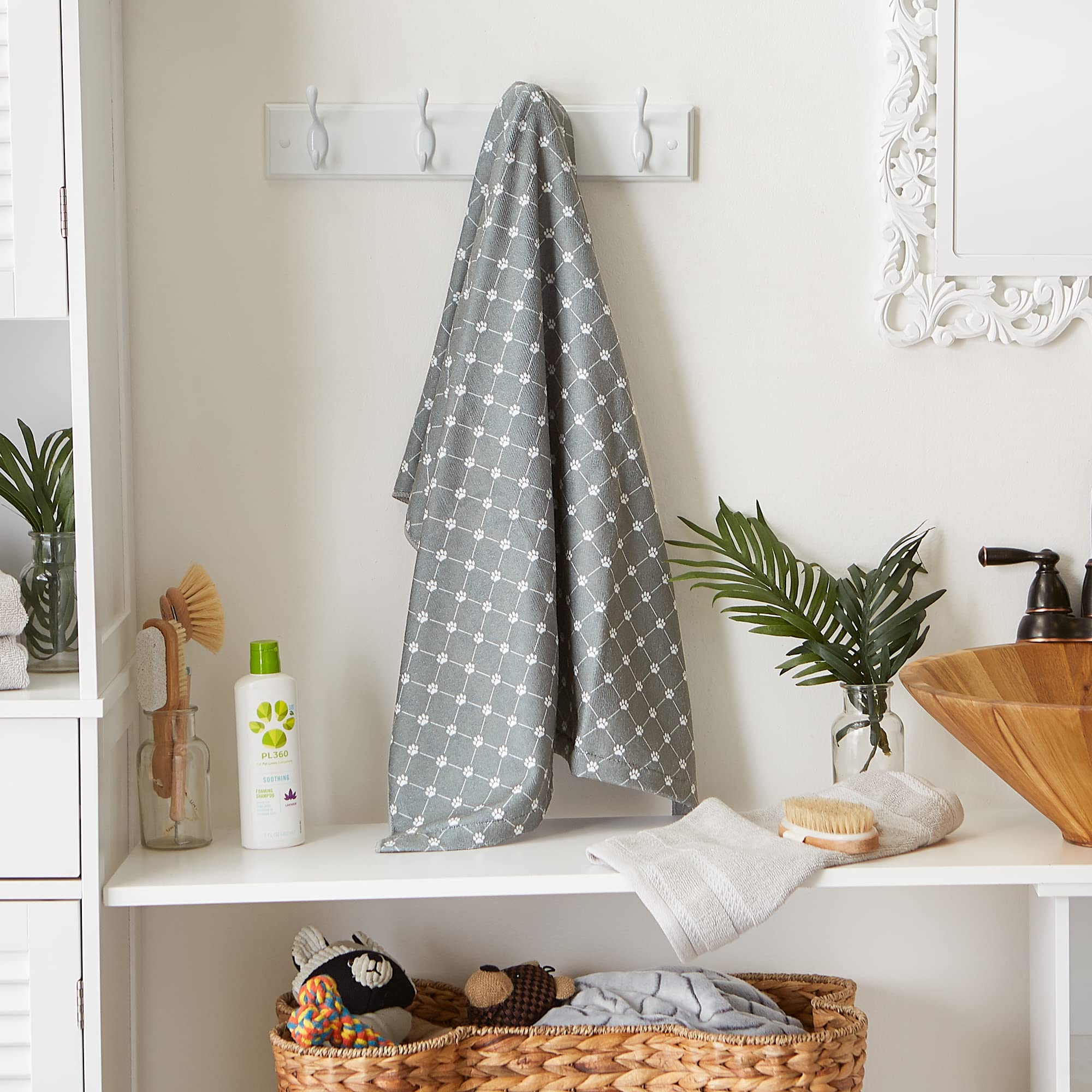 Bone Dry Pet Grooming Towel Collection Absorbent Microfiber X-Large, 41x23.5&quot;, Trellis Gray