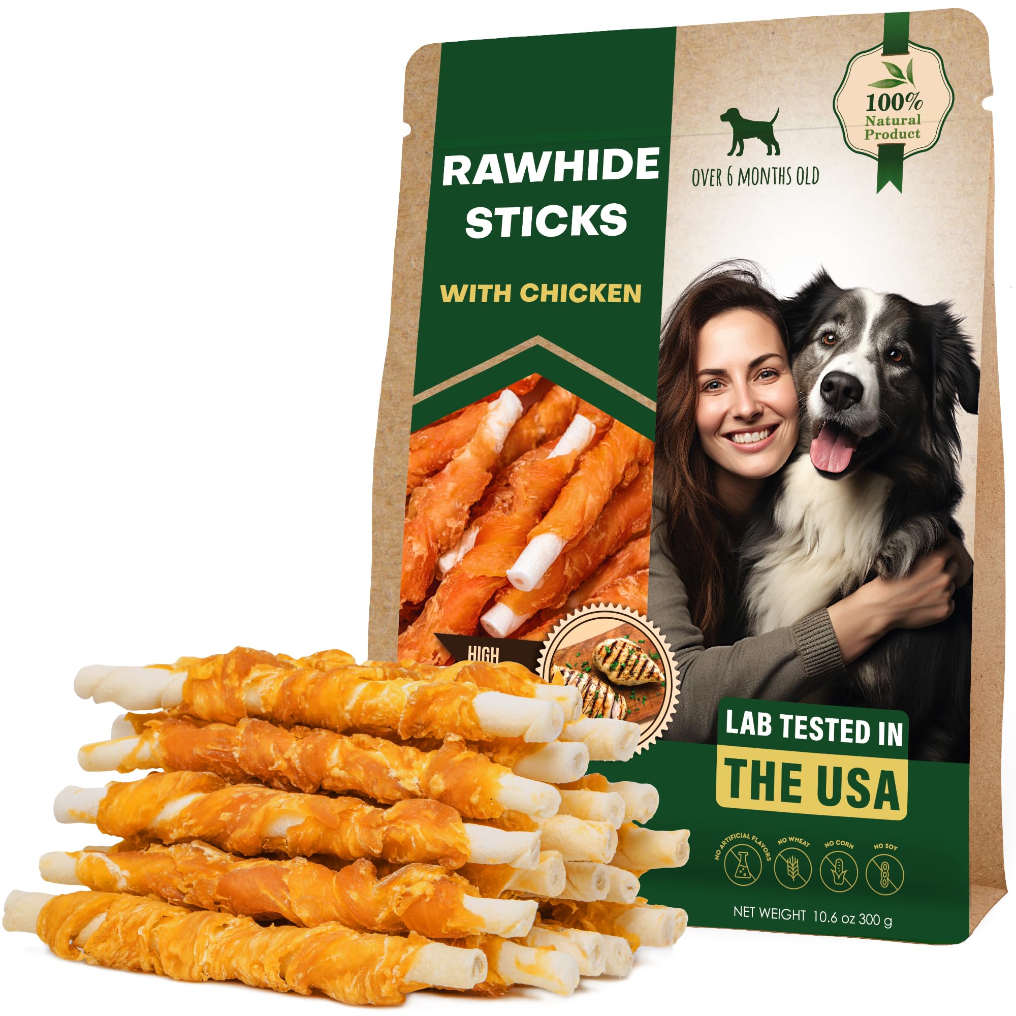 Dog Treats Rawhide Sticks 11 oz Wrapped with Chicken Pet Natural Chew Treats - Grain Free Meat & Human Grade Dried Snacks - Best