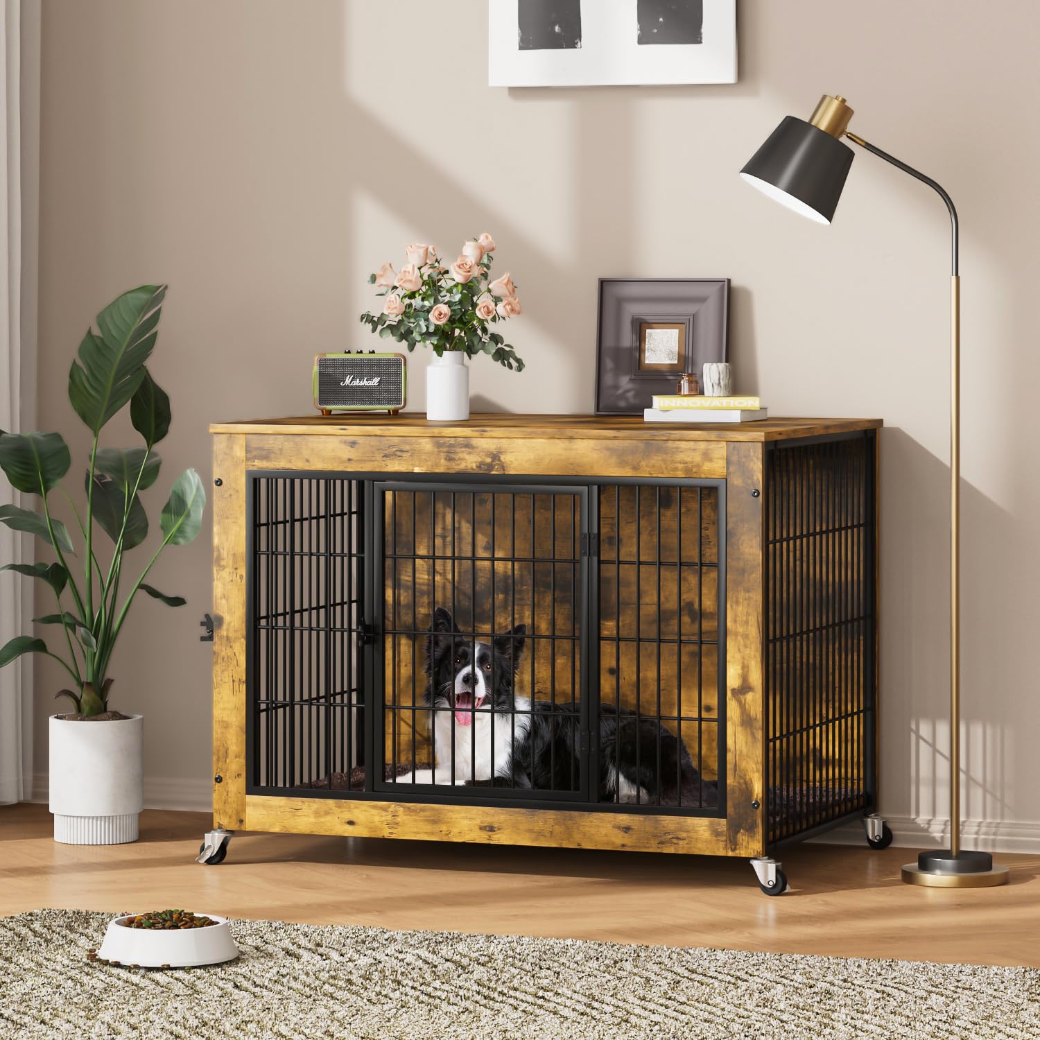 PRETZI Dog Crate Furniture with Cushion,38  Wooden Dog Crate nightstand with Double Doors, Brown Kennel Indoor with Wheels, Deco
