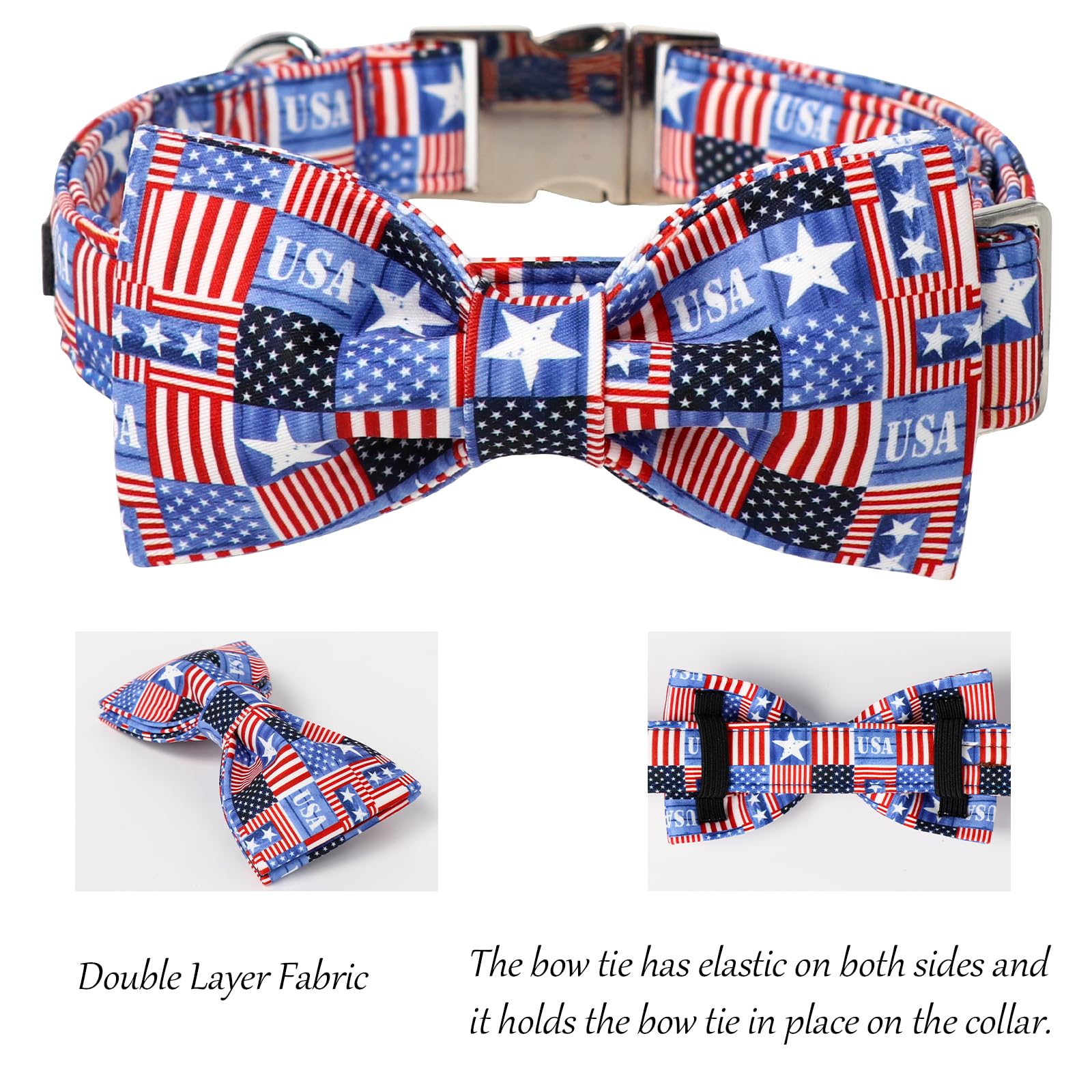 Lionet Paws 4Th Of July Dog Collar With Bowtie, Cute Summer Dog Collar For Girl For Large Dogs, Adjustable Cotton Usa Flag Pet C