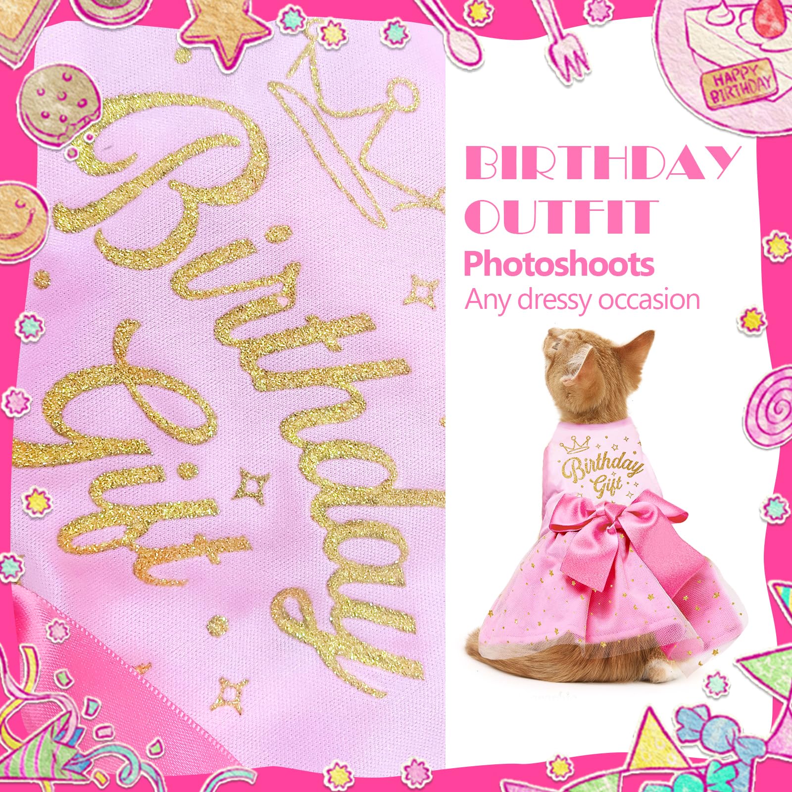 Birthday Dog Dress, Princess Dog Dress Tulle Puppy Skirt Doggie Birthday Outfit Pink Clothes For Small Dogs, Cat Pet Apparel (Sm