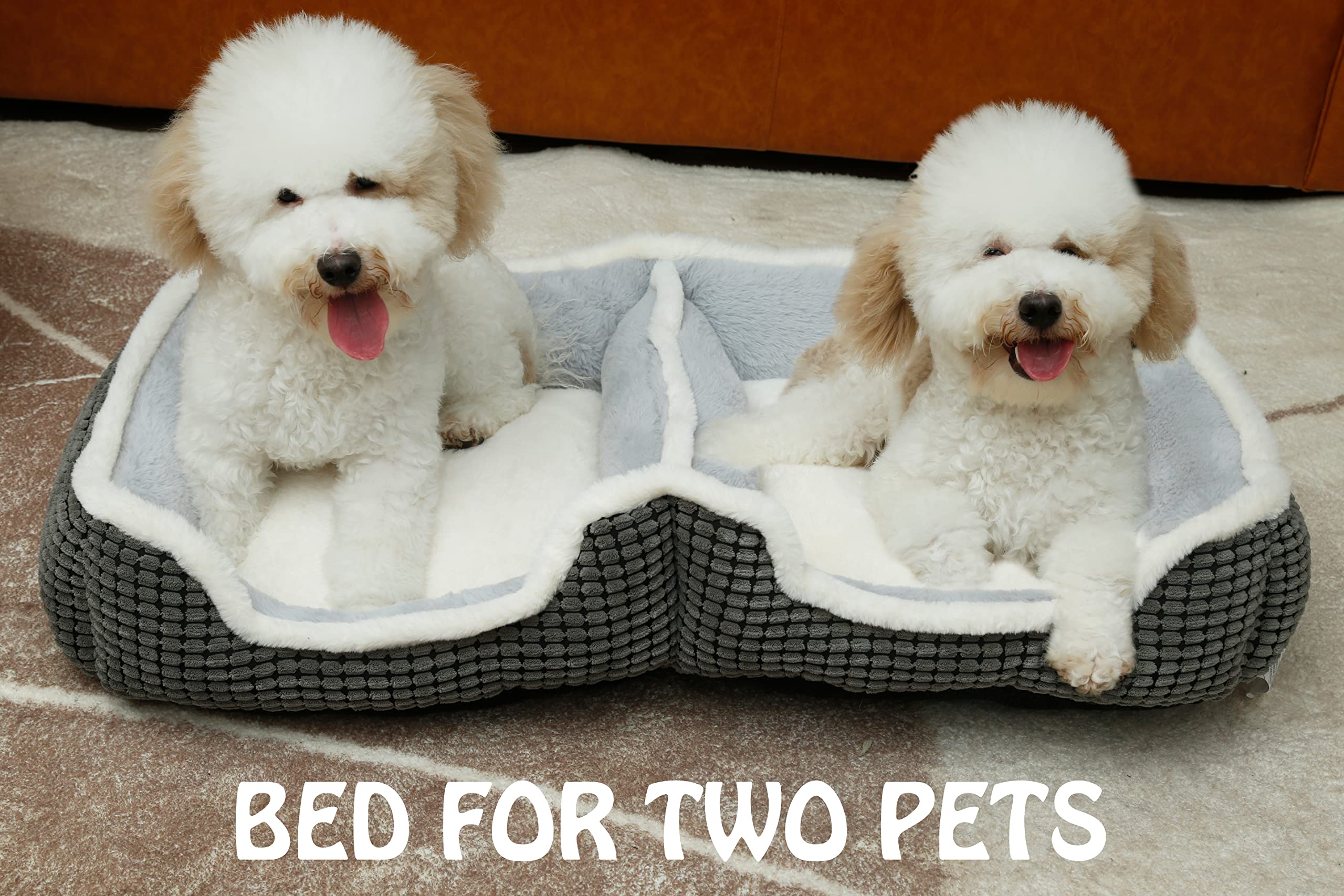 Dog Beds For Two Small Dogs, Double Cat Beds For Indoor Cats,Washabel Super Soft Durable Kitten Bed And Puppy Bed,?nti-Slip & Water-Resistant Bottom,Luxury Rectangle Grey Pet Bed