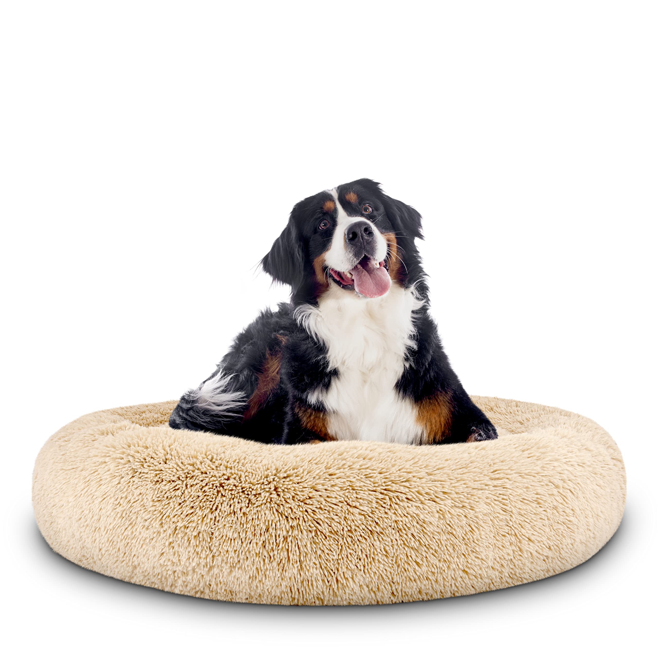 The Dogs Bed Sound Sleep Donut Dog Bed, XL Beige Fur Calming Nest Bed Removable Cover, Veterinary Approved