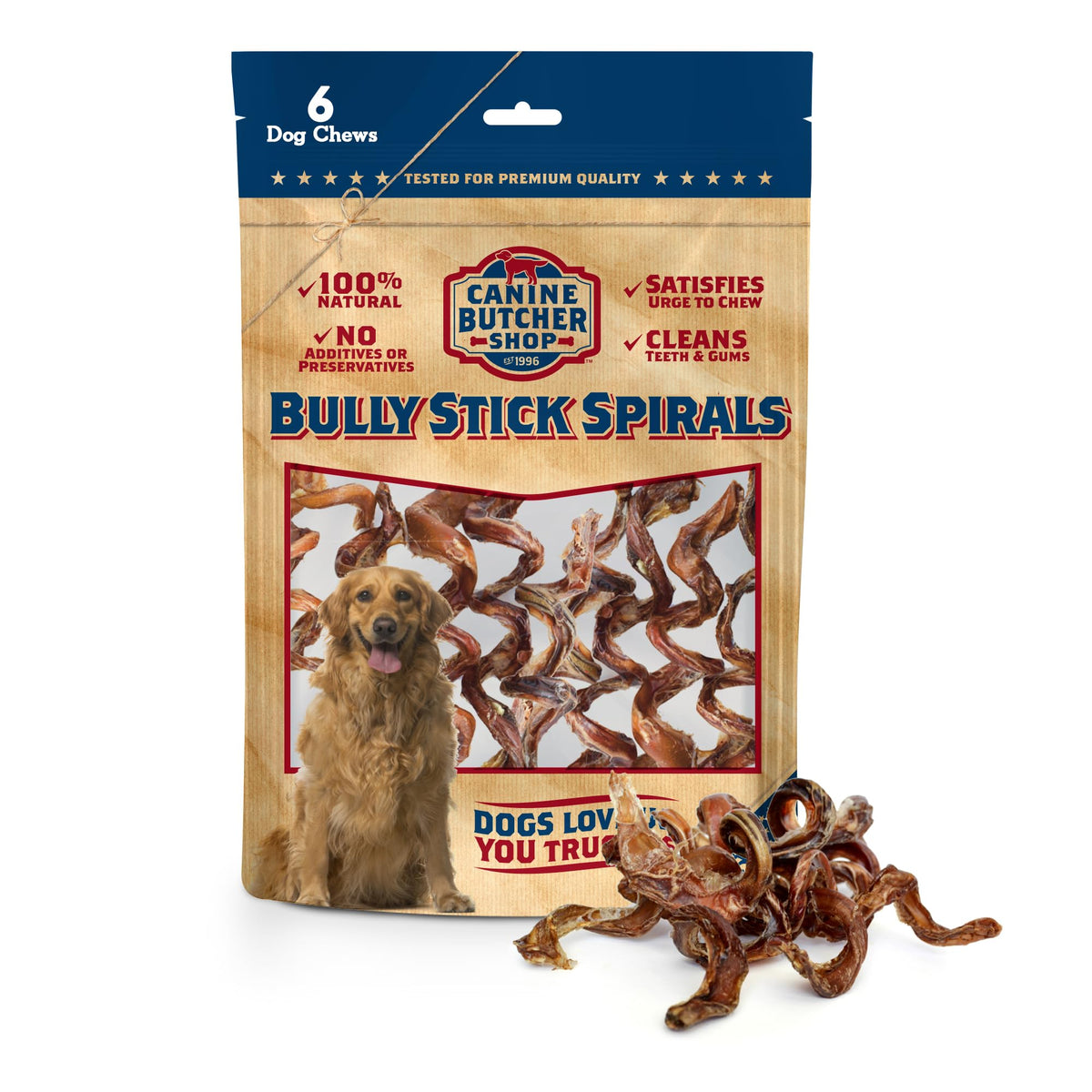 Canine Butcher Shop Bully Stick Spirals/Springs Raised & Made In Usa, (Pack Of 6), Odor Free, All-Natural Dog Chews, Treats