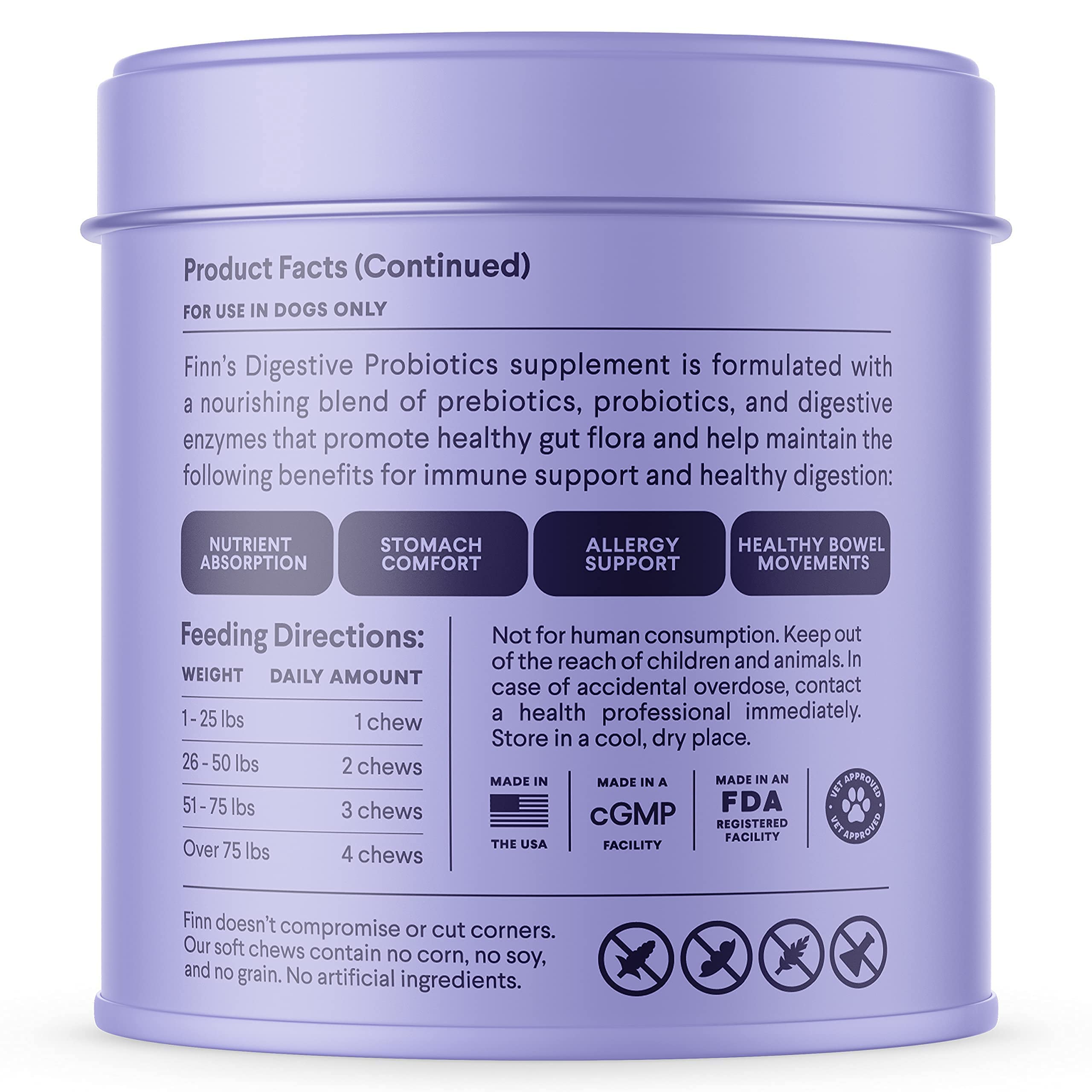 Finn Digestive Probiotics for Dogs - 90 Soft Chews with Pumpkin & Prebiotics - Vet Recommended, Made in USA