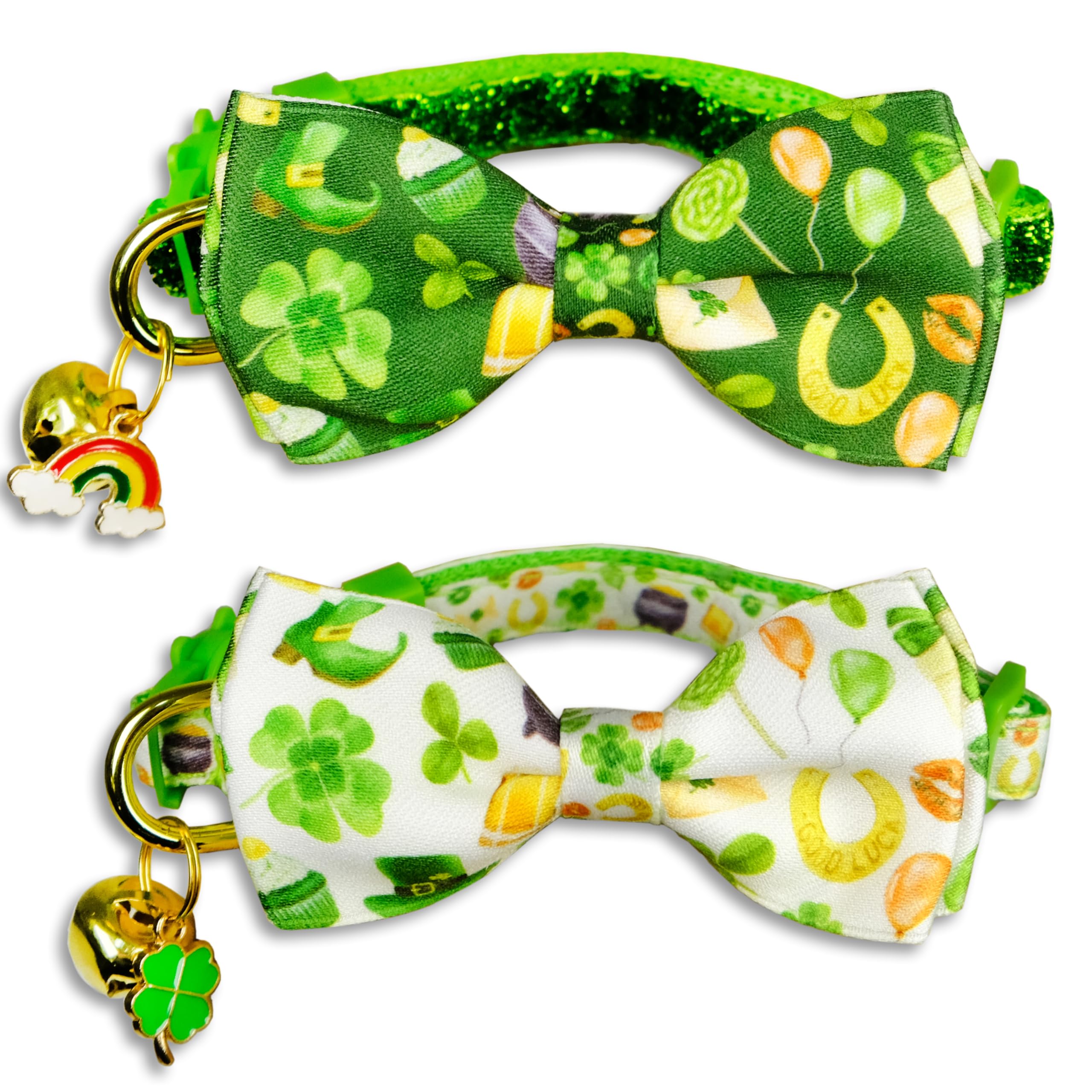 St. Patrick'S Day Cat Bowtie - Green Clover Pattern With Festive Holiday Charms For Cats & Small Pets, Adjustable Pet Collar Wit