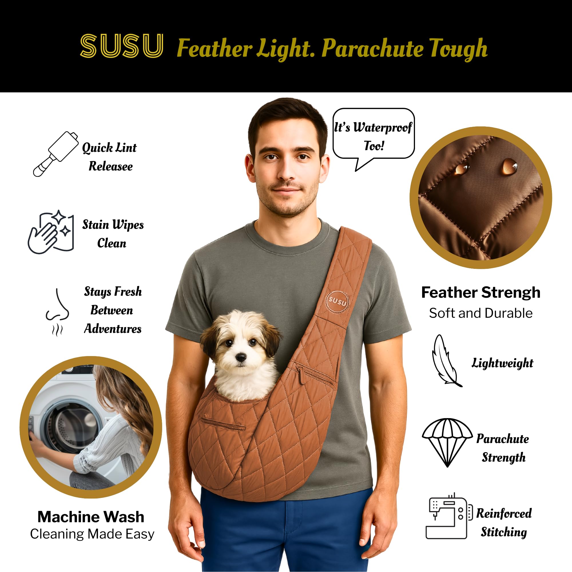 Susu Pet Co. Small Dog Carrier Sling - Hands-Free Puppy Sling & Cat Pouch Bag For Pets Up To 10 Lbs, Parachute-Grade Nylon, Safe