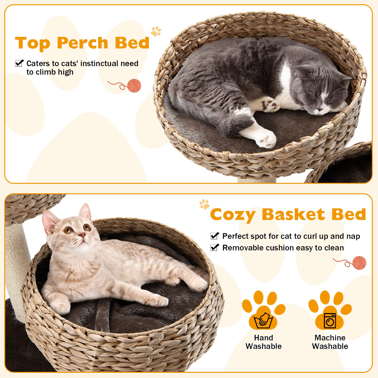 Tangkula Modern Cat Tree For Indoor Cats, Small/Tall Cat Tree With Natural Sisal Scratching Post, Hand-Made Wicker Cat Condo & T