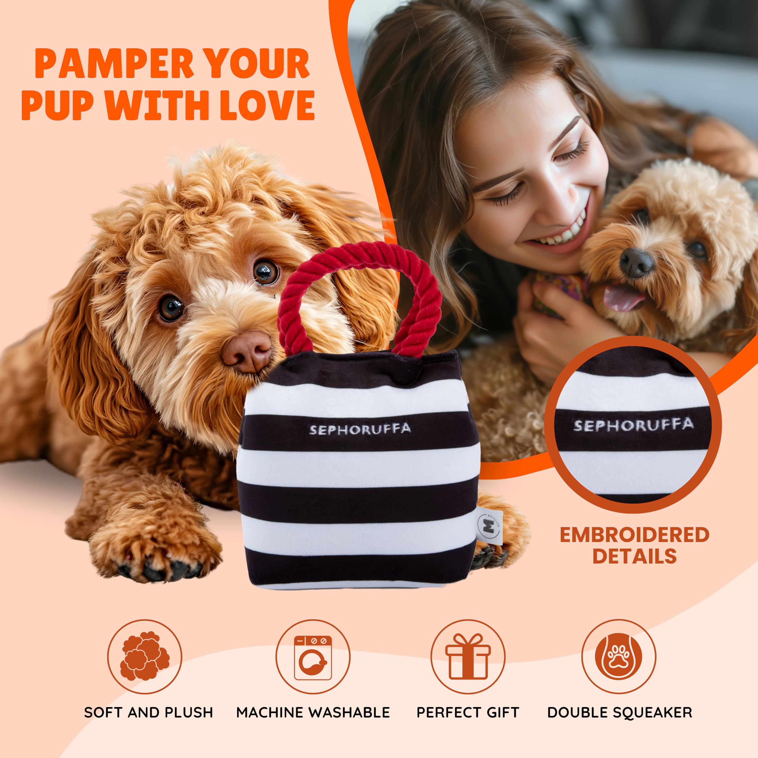 Muttzie Sephoruffa Bag - Adorable Plush Parody Dog Toy With Dual Squeaker For Engaging And Safe Playtime For Dogs