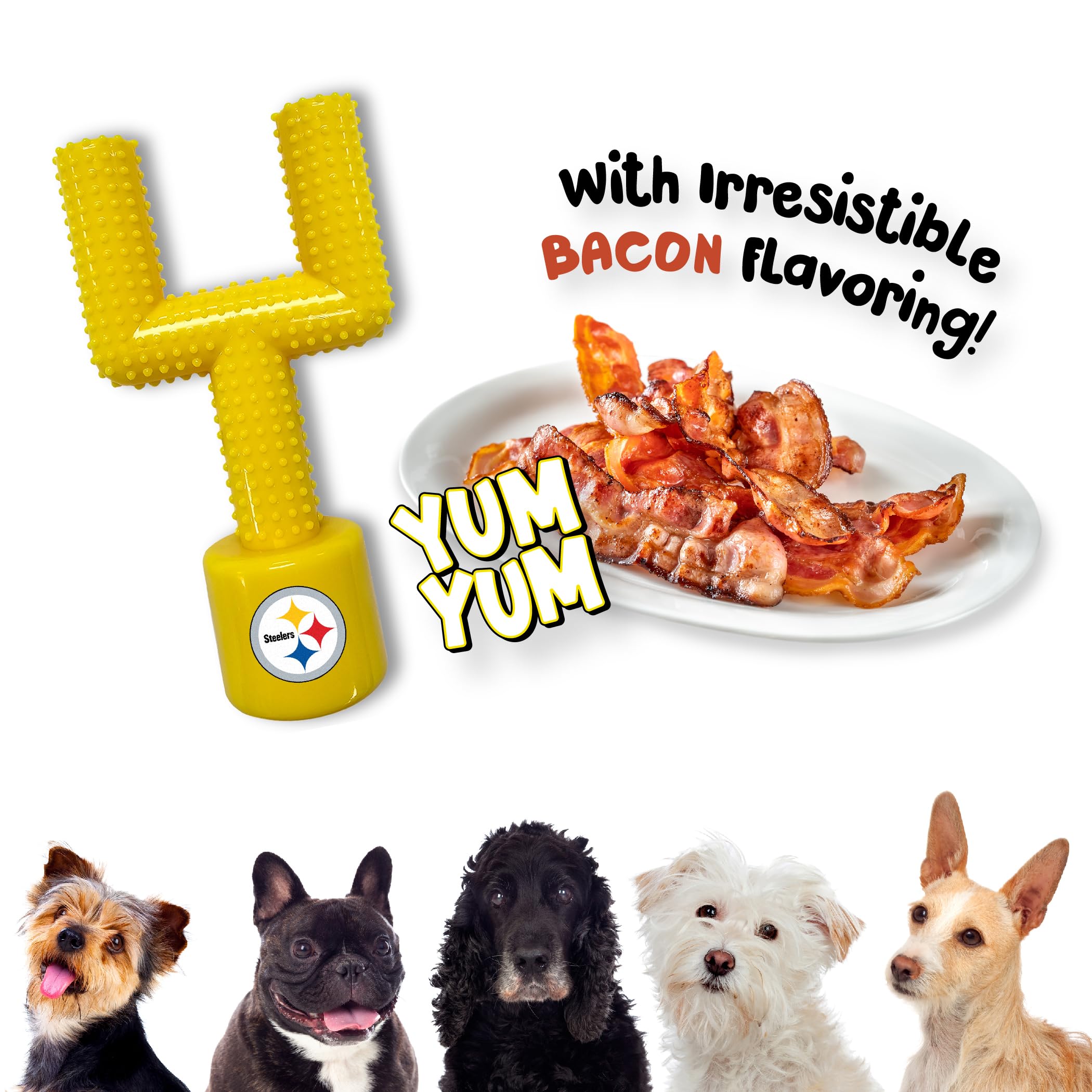 Nfl Pittsburgh Steelers Mega-Chew Hard Nylon Bacon-Flavored Dog Bone Football Goal Post Chew Toy. Interactive Tasty Fun Dog Chew