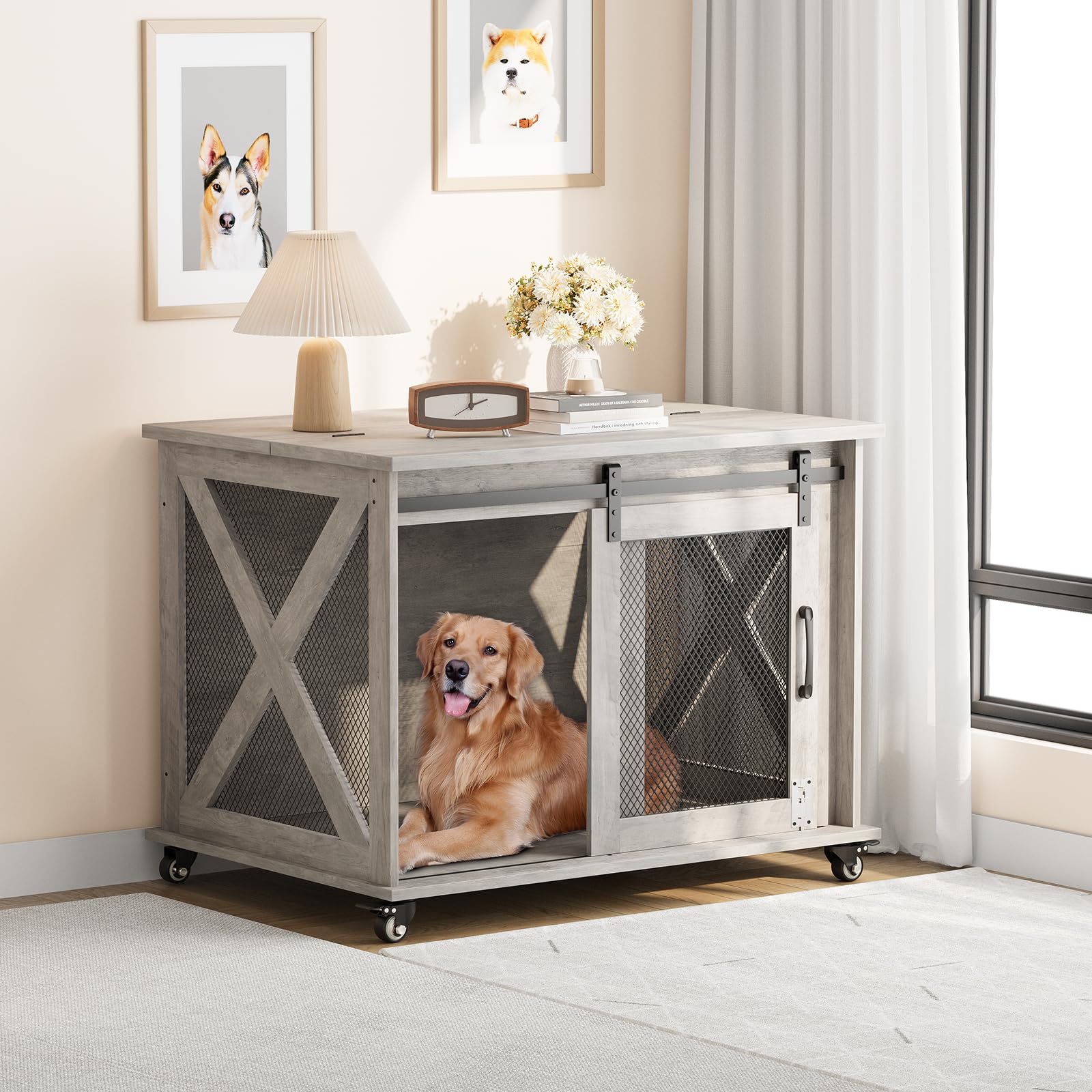 Idealhouse 37'Dog Cage, Farmhouse Dog Crate Furniture With Sliding Barn Door, Flip Top Wooden Dog Kennel End Table With Wheels 