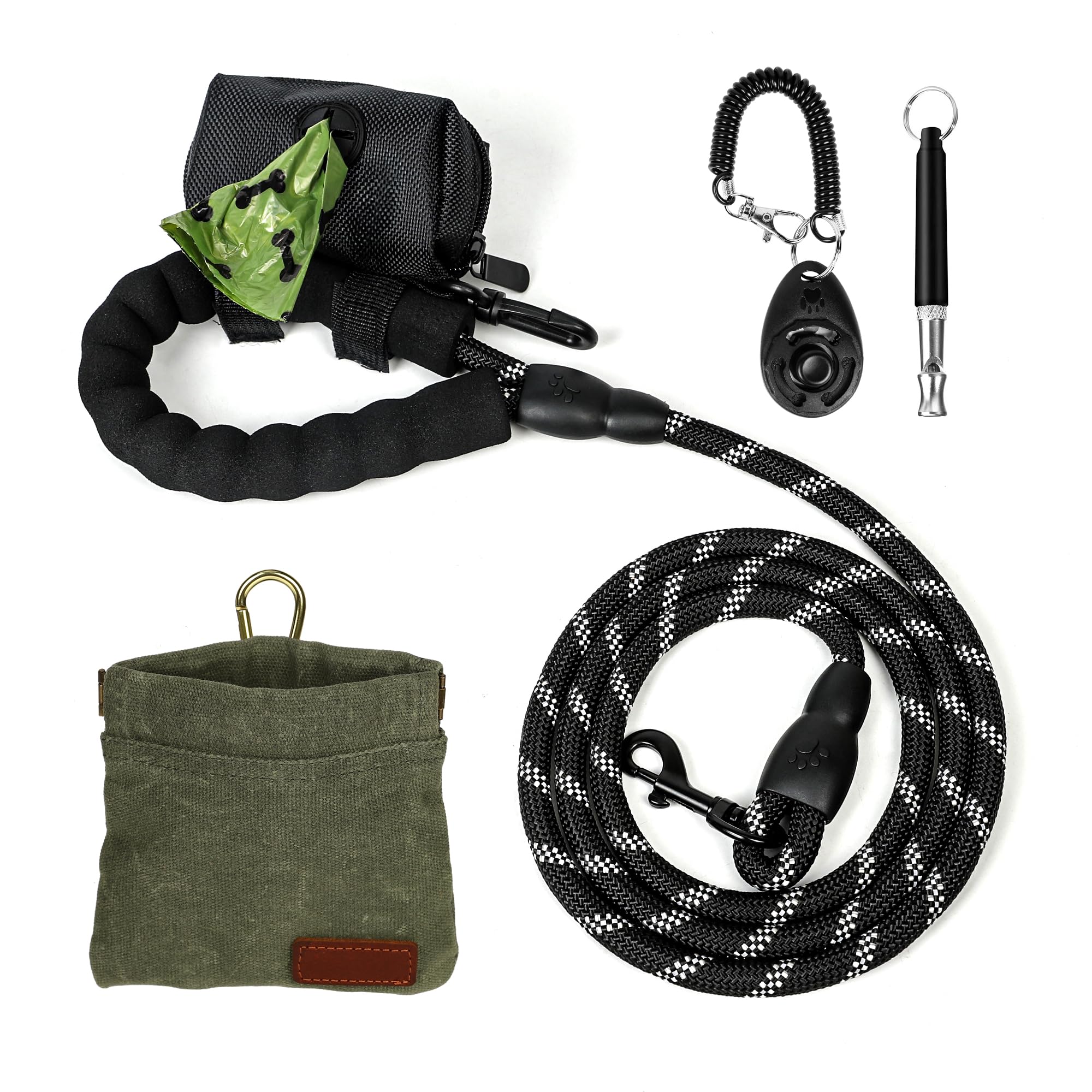 cambk Dog Treat Pouch Training Kit, Small Puppy Treat Bag with Clip, Dog Clicker and Whistle for Pet Training, 5ft Leash with Pa
