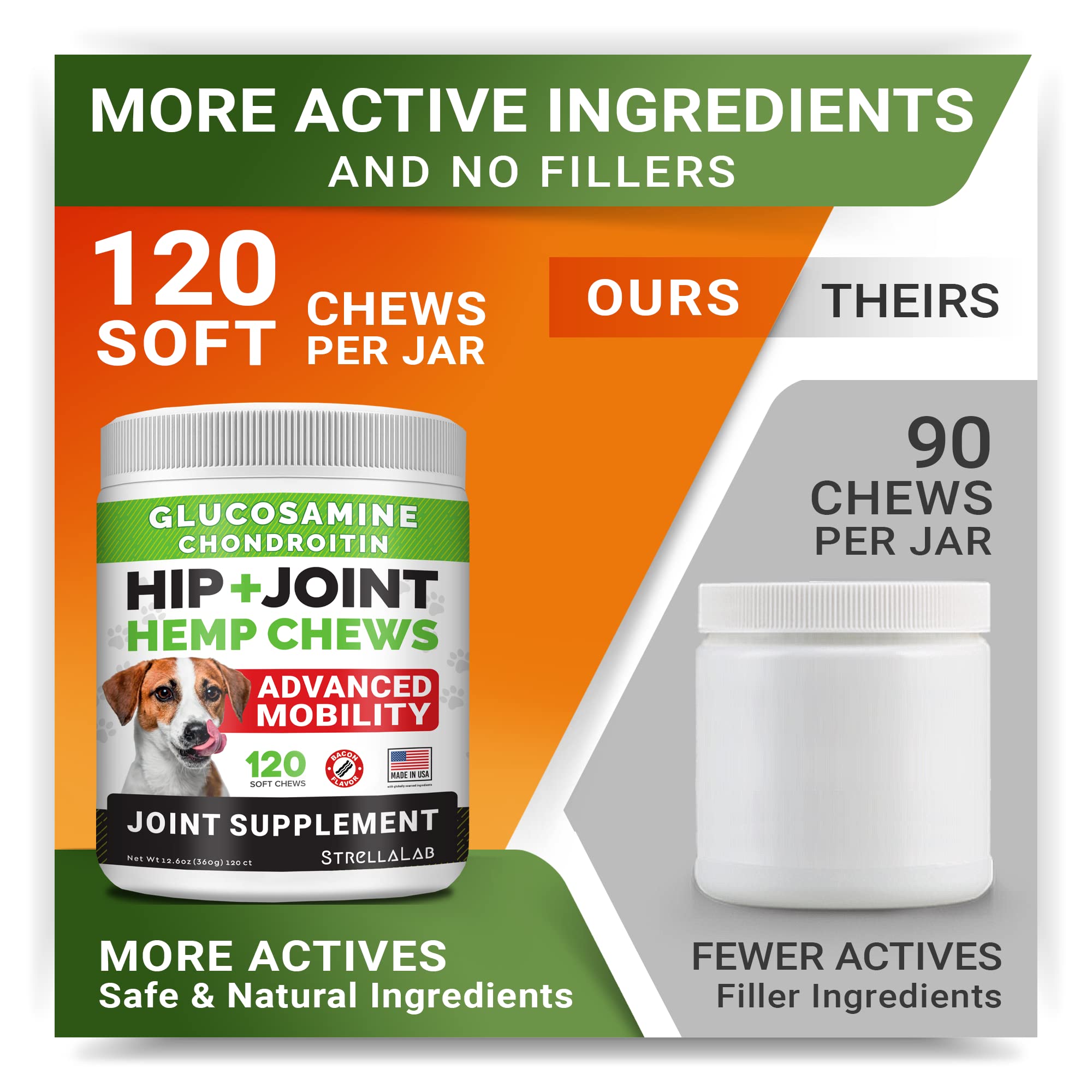 Hemp + Glucosamine Dog Joint Supplement - Hemp Chews for Dogs Hip Joint Pain Relief - Omega 3, Chondroitin, MSM - Advanced Mobil