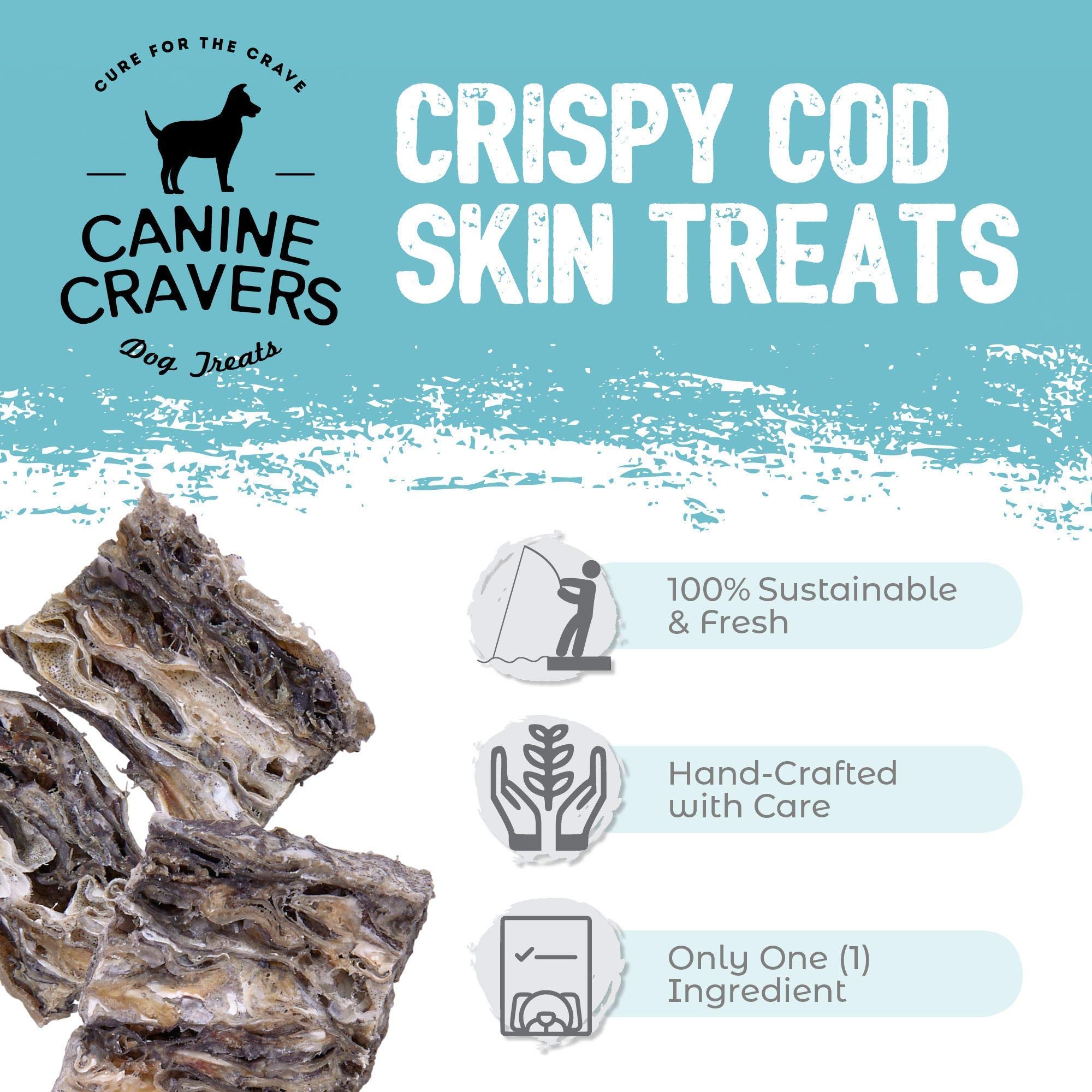 Canine Cravers Single Ingredient Dog Treats - Wild Caught Crispy Cod Skins - Human Grade Air Dried Hypoallergenic Pet Food - Gra