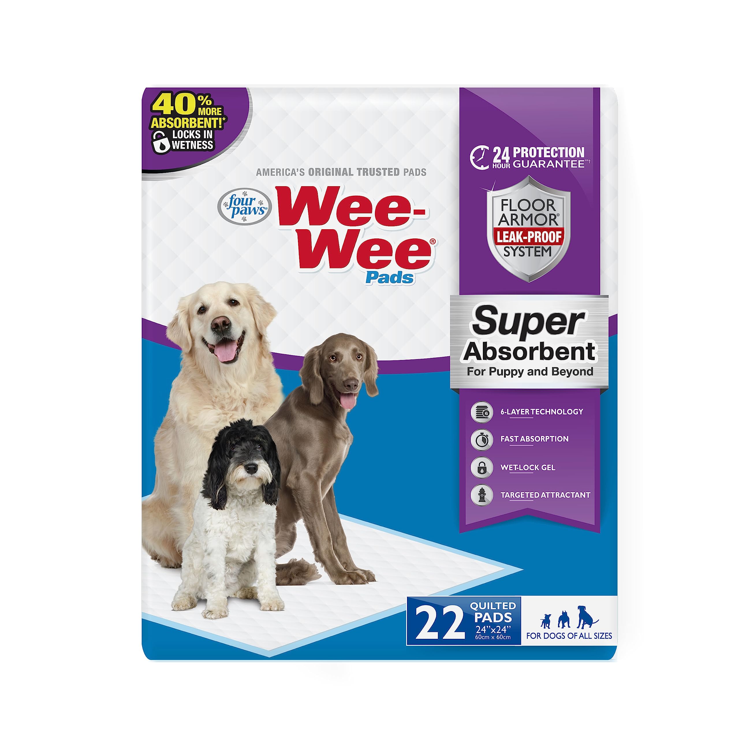 Four Paws Wee-Wee Super Absorbent Unscented Pee Pads for Dogs & Puppies with Insta-Rise Border, Leak-Proof Dog Housebreaking Pot