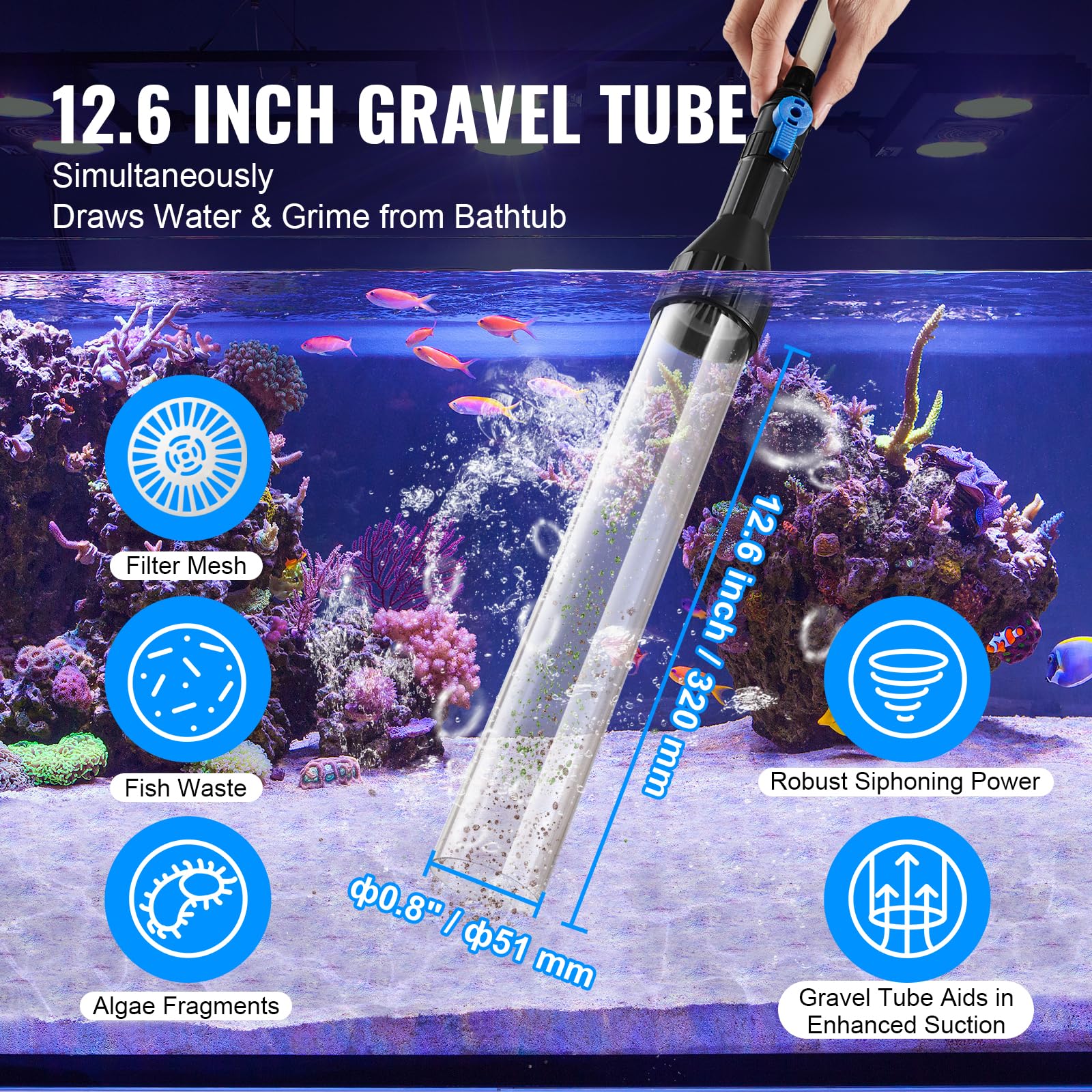 Vevor Aquarium Vacuum Gravel Cleaner, 30Ft Pvc Hose Fish Tank Vacuum Gravel Cleaner, Siphon Fish Tank Cleaner Vacuum, 3 Types Of