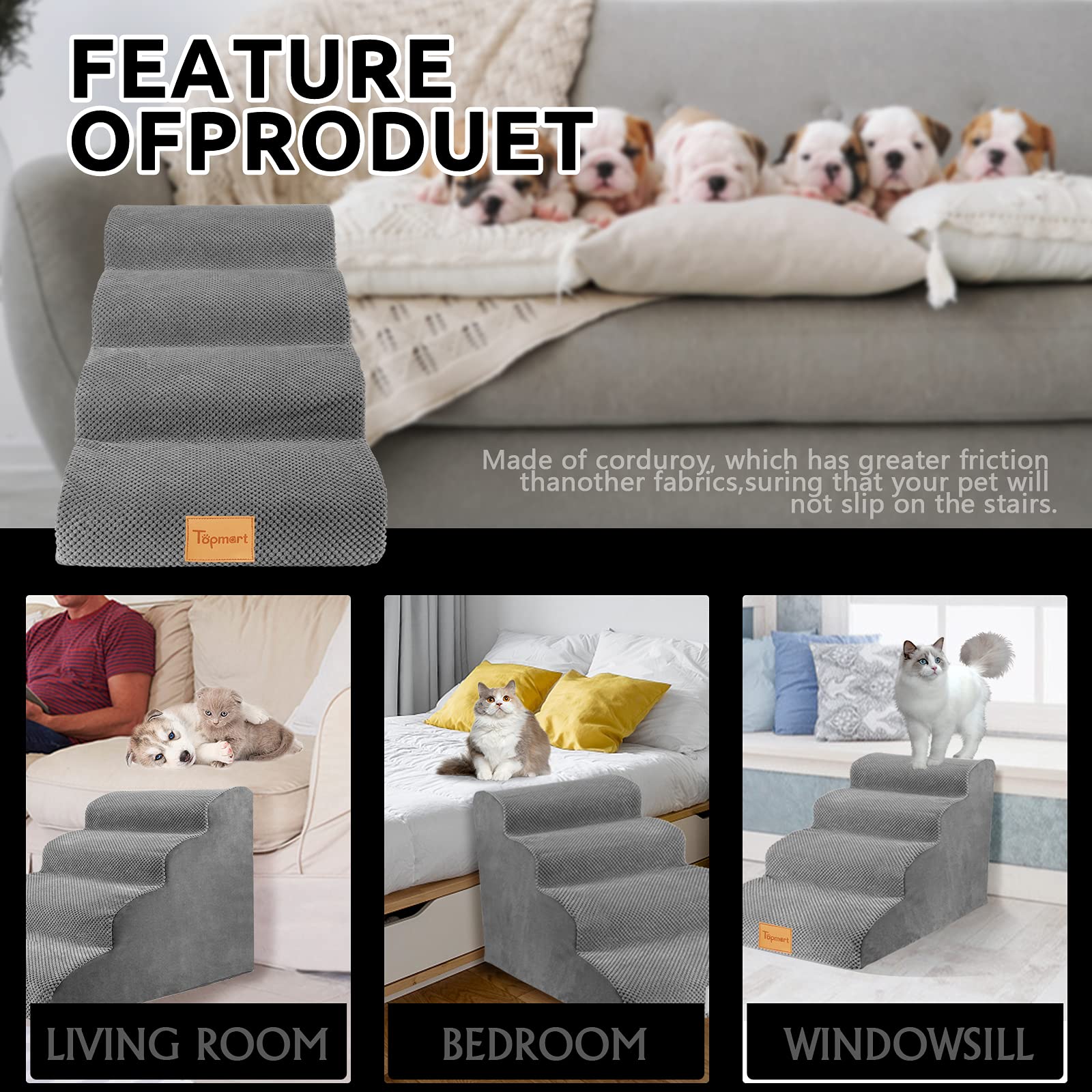 Topmart High Density Foam Dog Steps 4 Tiers,Extra Wide Deep Pet Steps,Non-Slip Pet Stairs,Dog Ramp For Bed,Soft Foam Dog Ladder,Best For Older Dogs Injured,Older Pets,Cats With Joint Pain