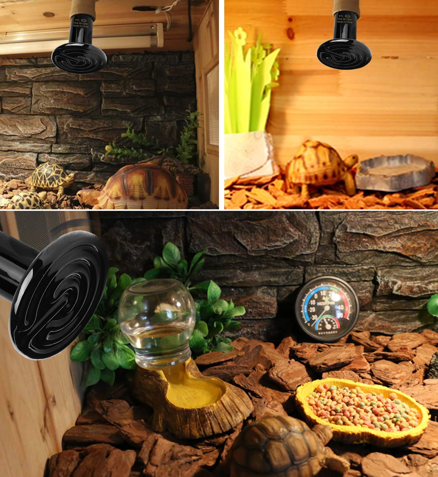 OMAYKEY 2-Pack 75W Ceramic Heat Lamp with 1-pcs Digital-Thermometer, Infrared Heat Emitter Bulbs for Reptiles, Amphibians, Chick