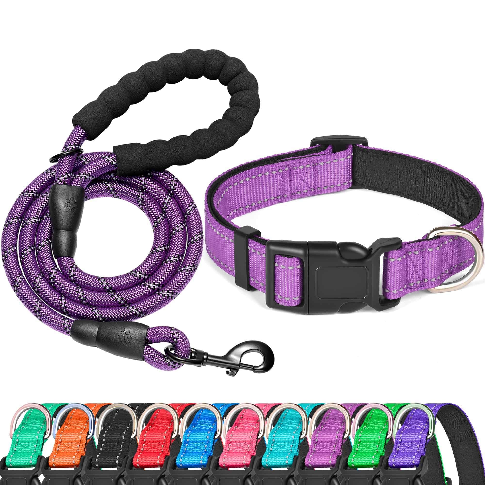 Ladoogo Reflective Dog Collar Padded With Soft Neoprene Breathable Adjustable Nylon Dog Collars For Small Medium Large Dogs (X-Small (Pack Of 1), Purple Collar+Leash)