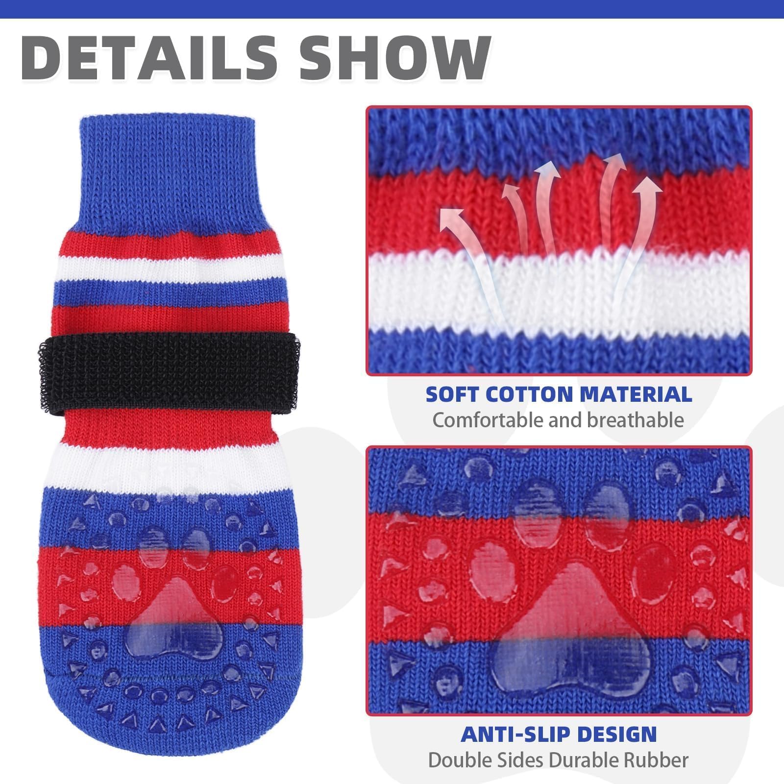 KOOLTAIL Anti Slip Dog Socks for Clod Pavement to Prevent Licking Paws with Grippers, 3 Pairs Paw Protector, Double Sides Stripe