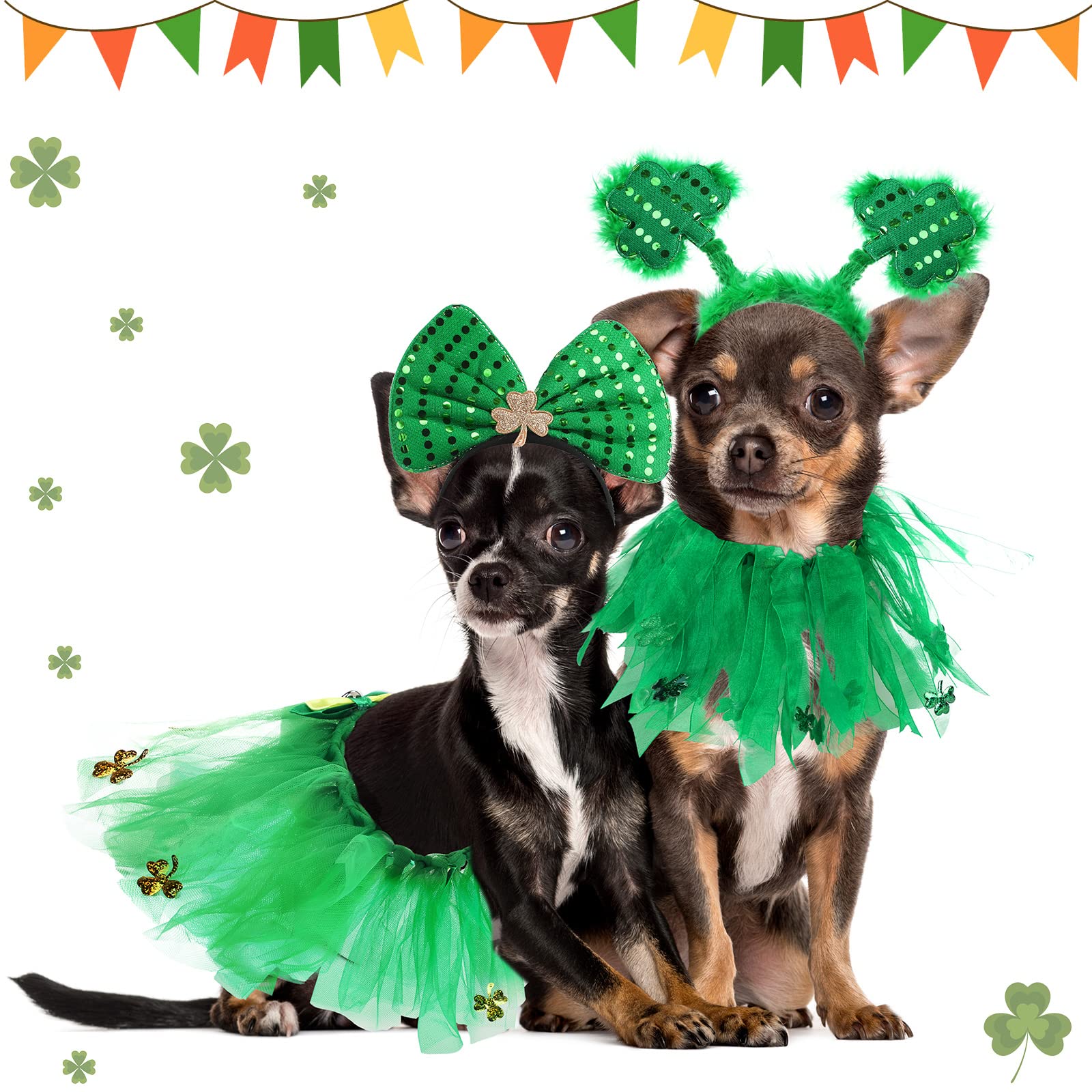 4 Pcs St Patrick'S Day Dog Costume Pet Costume, Tutu For Dogs Sequins Bowtie Shamrock Headband Dog Dress Tutu Collar Green Puppy