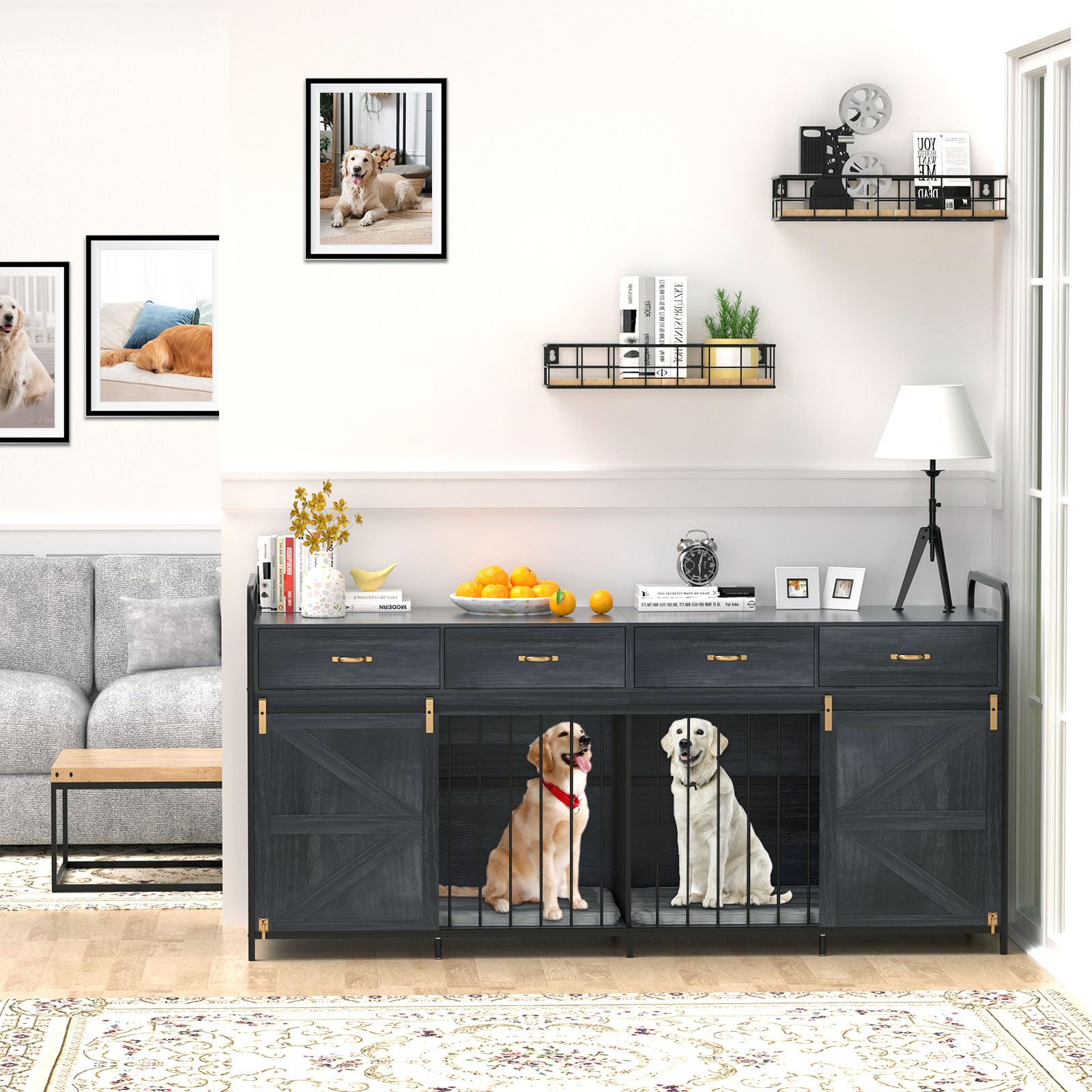 78.7 Inch Large Dog Crate Furniture for 2 Dogs Extra Large Dog Kennel Heavy Duty Wood Dog Crate Double Dog Crates Furniture TV S