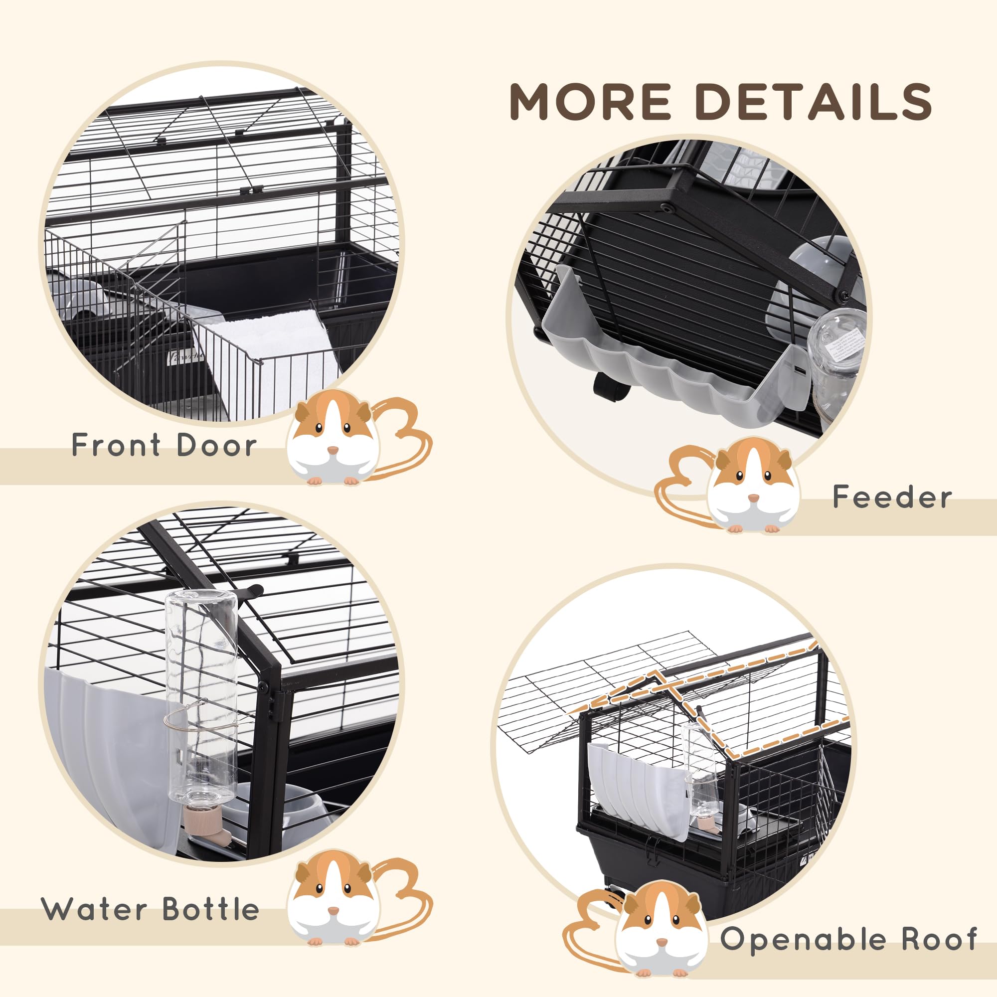 Pawhut Small Animal Cage With Foldable Run Area, Rolling Bunny Cage, Guinea Pig Cage, Hedgehog Cage With Water Bottle, Water Bowl, And Ramps, 35' L