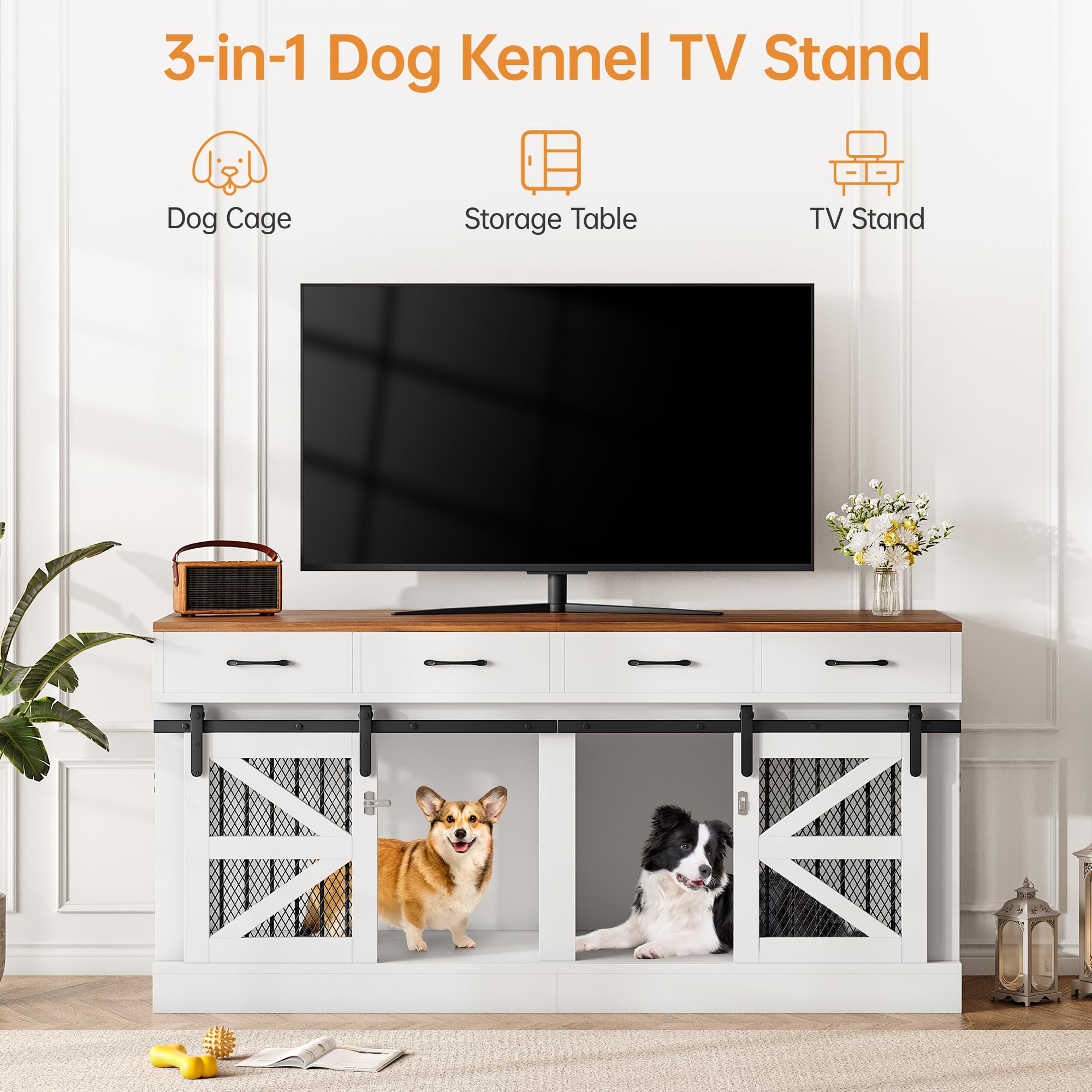 OtterOasis Extra Large Dog Crate Furniture for 2 Dogs, 71 Dog Kennel Indoor with Removable Divider and 4 Storage Drawers, Stur