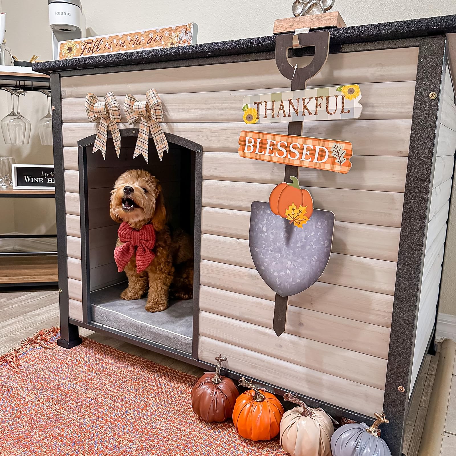 Dog House Outdoor Dog House For Small Medium Large Dogs, Natural Wood With Iron Frame, Waterproof Roof Raised Feet (43.3'' L-Whi