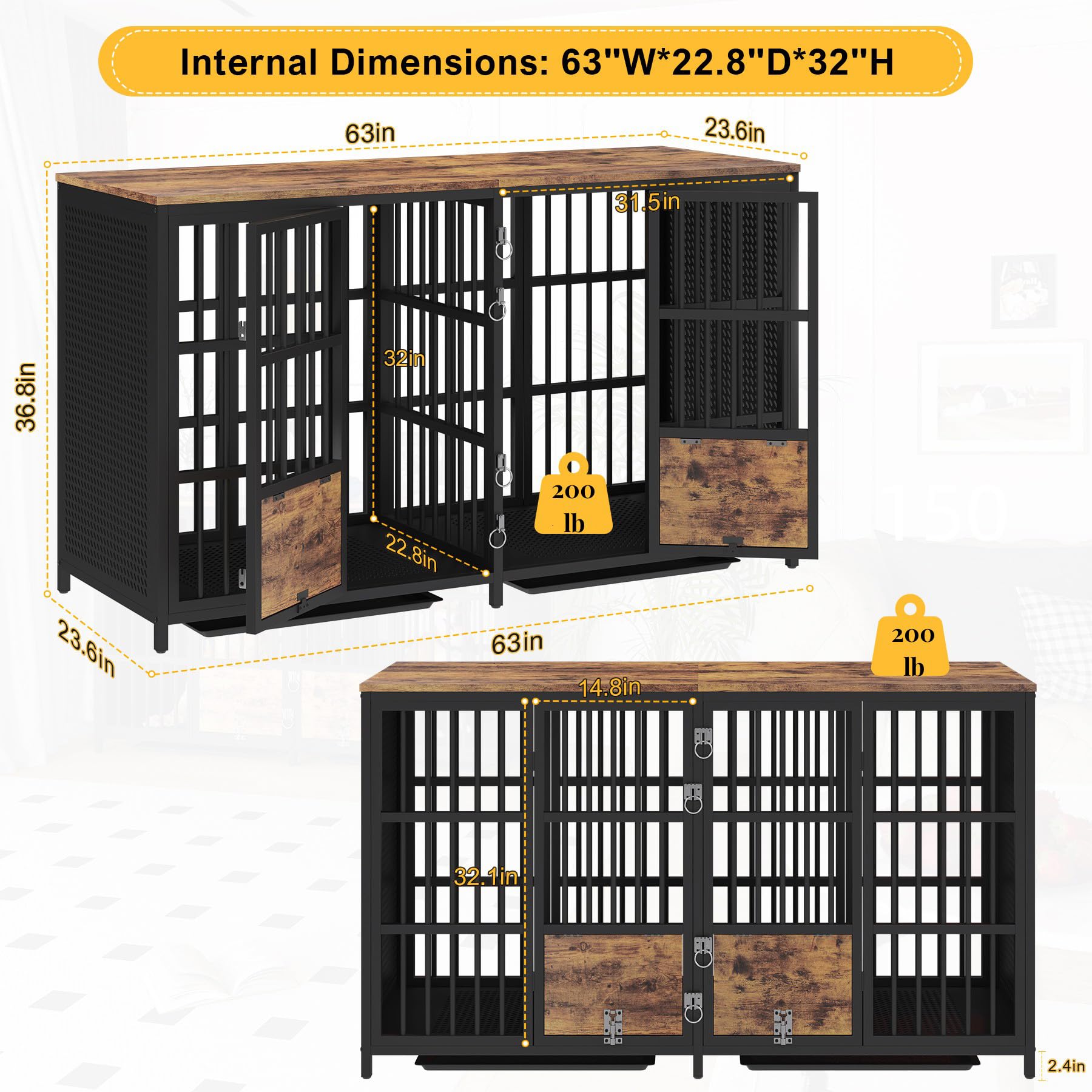 Boinn Large Dog Crate Furniture, 63 Inch Heavy Duty Double Dog Crate With Removable Divider, Extra Large Dog Kennel Furniture Tv