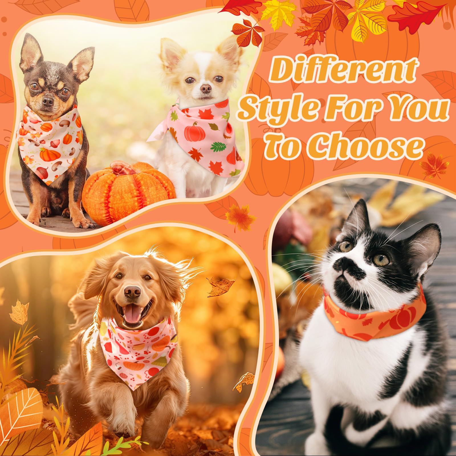 Abbylike 50 Pcs Fall Thanksgiving Dog Bandana Bulk Pumpkin Bandana for Dogs Triangle Kerchief Bib Scarf for Pets Autumn Costume
