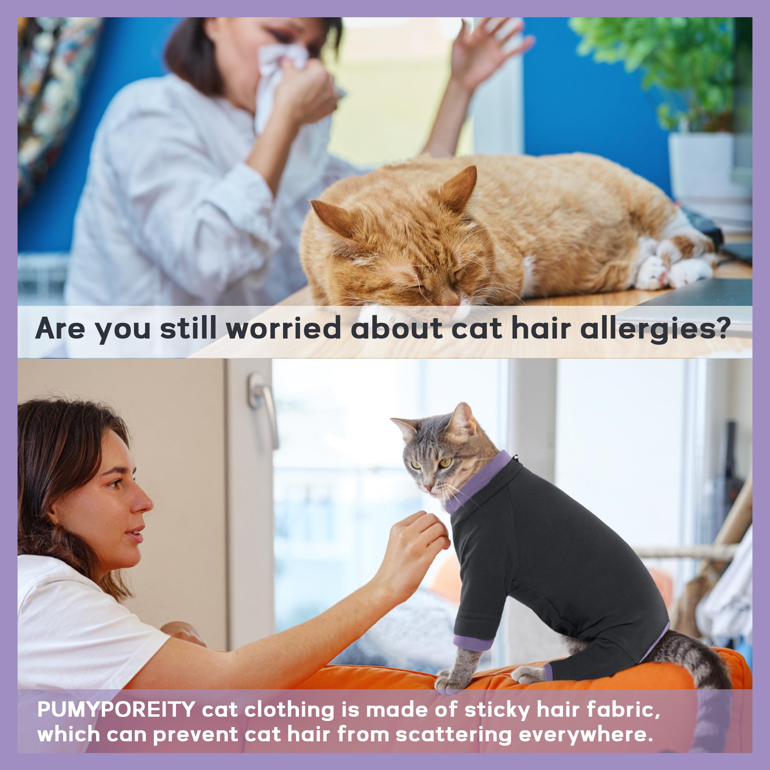 Pumyporeity Sticky Cat Clothes - Soft Cat Sweater For Hair Loss Prevention, Recovery Suit After Surgery, Black, Xs