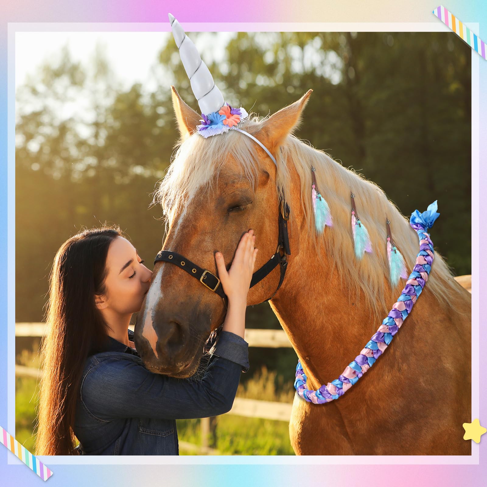 Shyyween 8 Pcs Horse Costumes for Horses to Wear, Unicorn Kit, Include Neck Wreath & 6 Mane Feathers Clip in Hair Extensions Hor