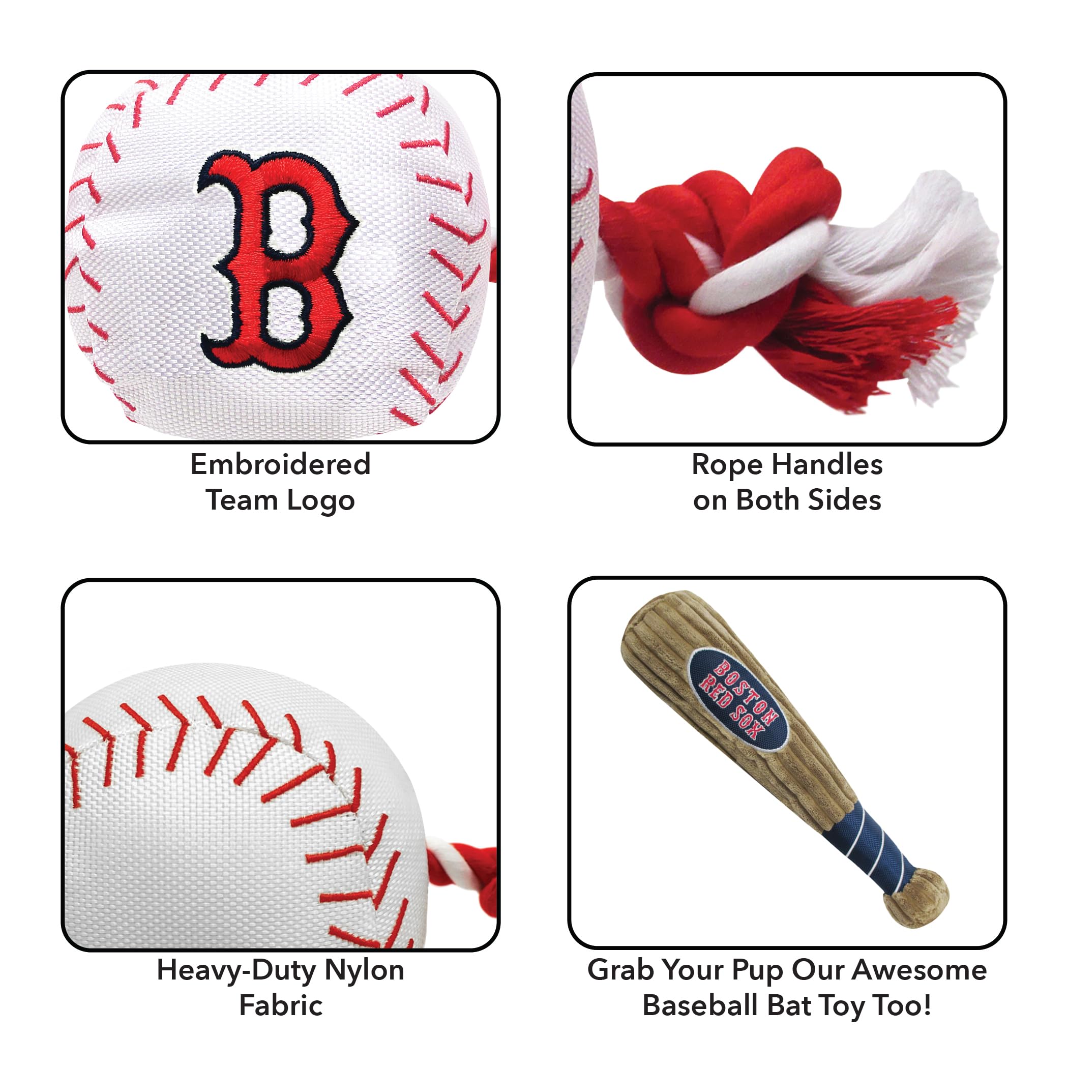 Mlb Boston Red Sox Baseball Rope Toy For Dogs & Cats. Tough Nylon, Sporty Baseball Design, Heavy-Duty Ropes With Inner Squeaker