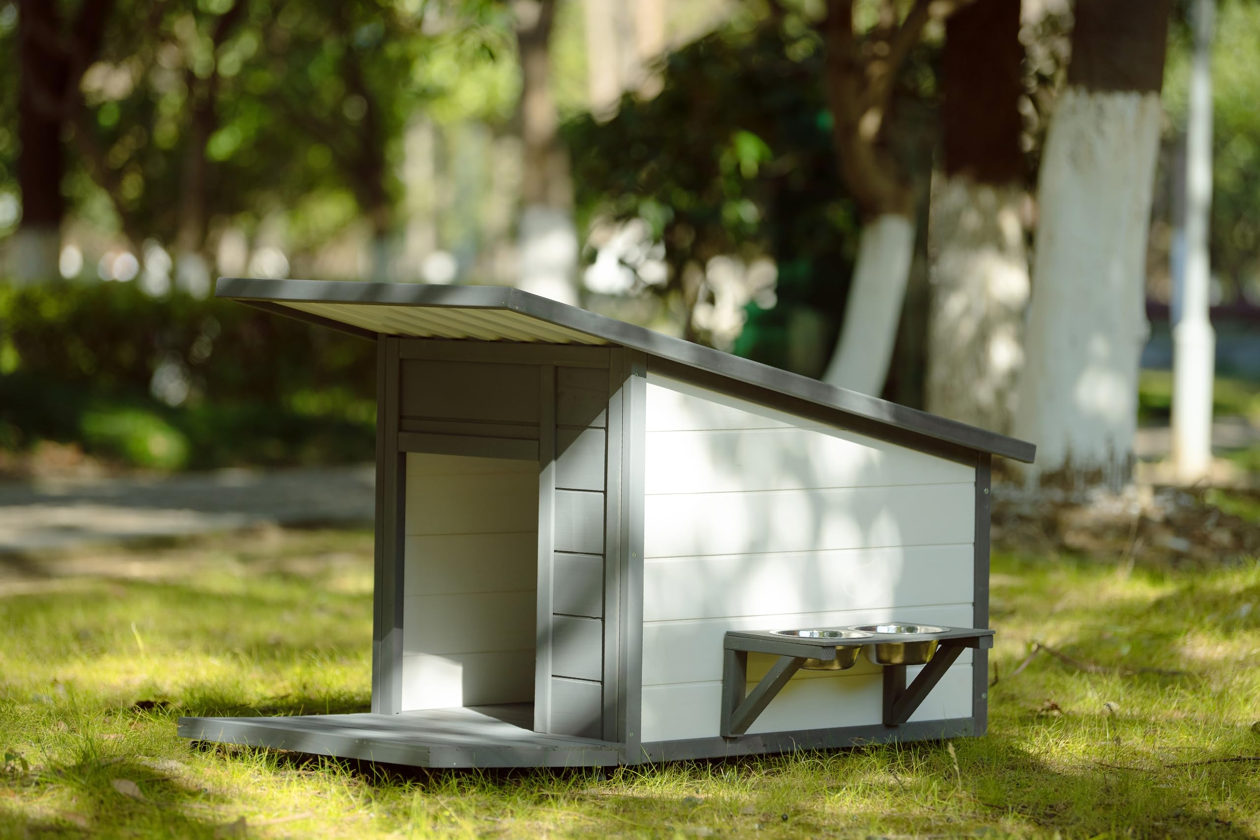 Yopto Dog House With Terrace,Weatherproof Pvc Roof Small Dogs Kennel W/ 2 Feeding Stainless Bowls And 4 Wheels,Indoor & Outdoor