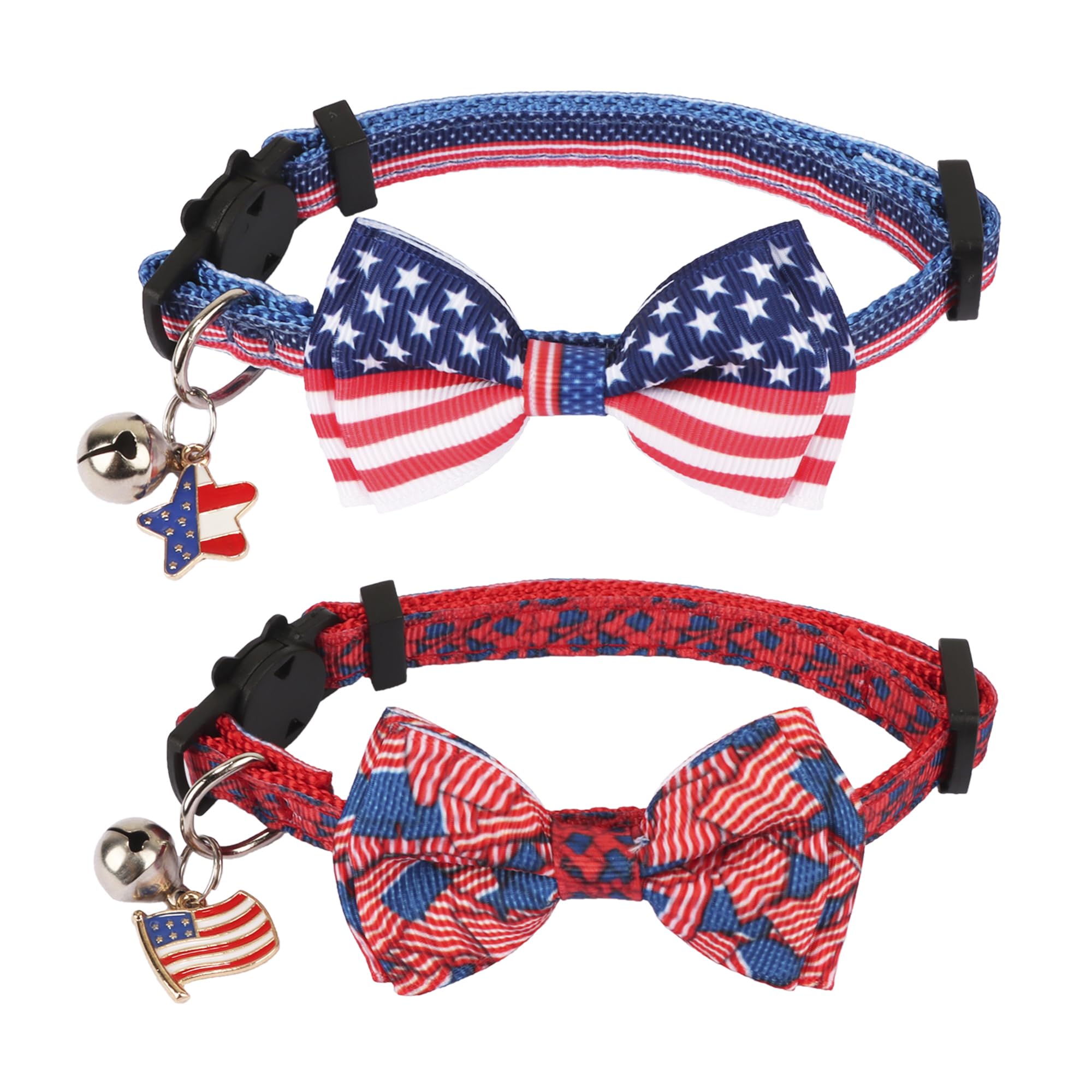 Adoggygo American Flag Cat Collars With Bow Bell, Breakaway Pet Bowtie Collar Red Blue Star Flag 4Th Of July Collars For Girl Bo