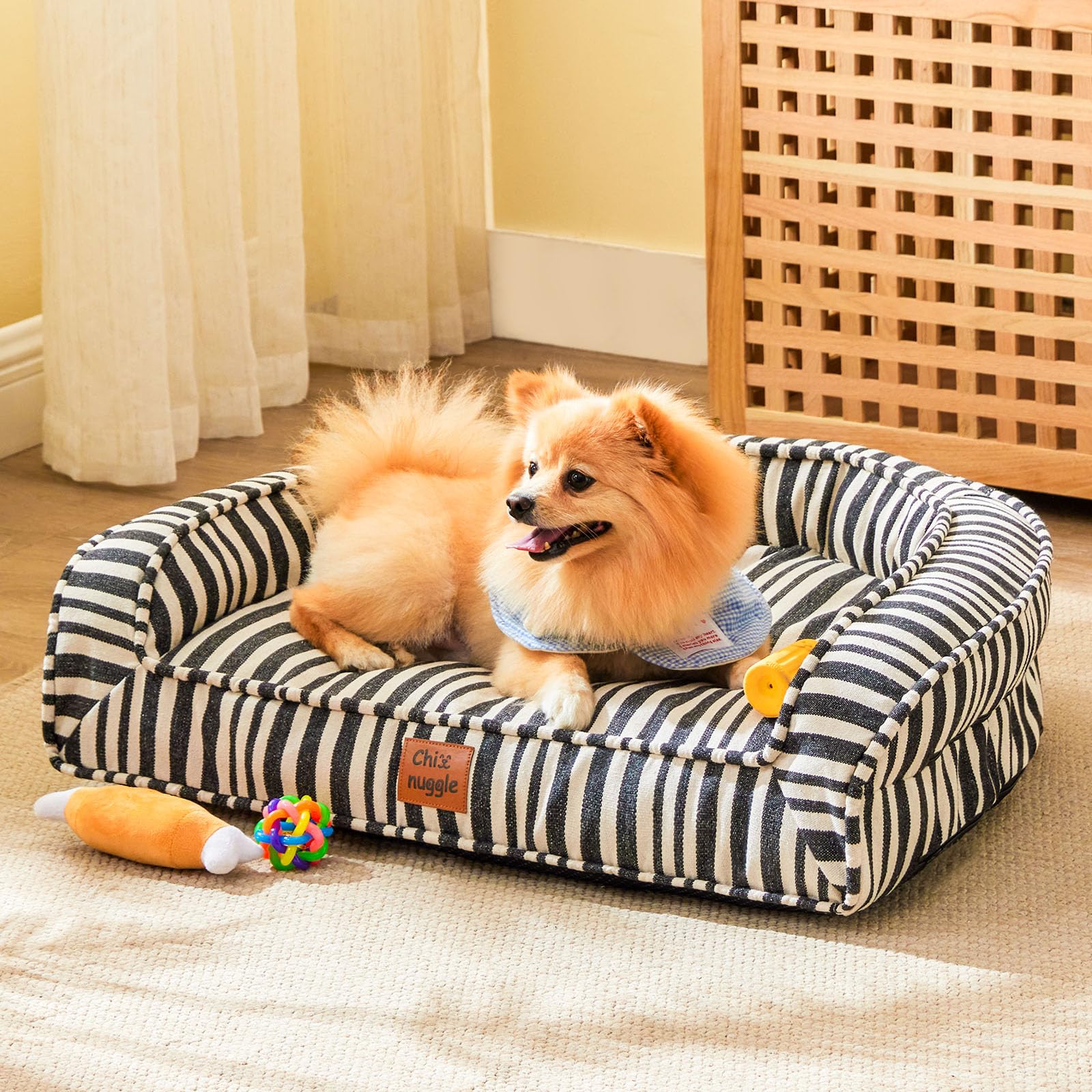 ChiXnuggle Cute Dog Bed for Medium Dogs, Waterproof Canvas Striped Pet Bed with Washable Removable Cover, 28x23x6.5inches (Size 