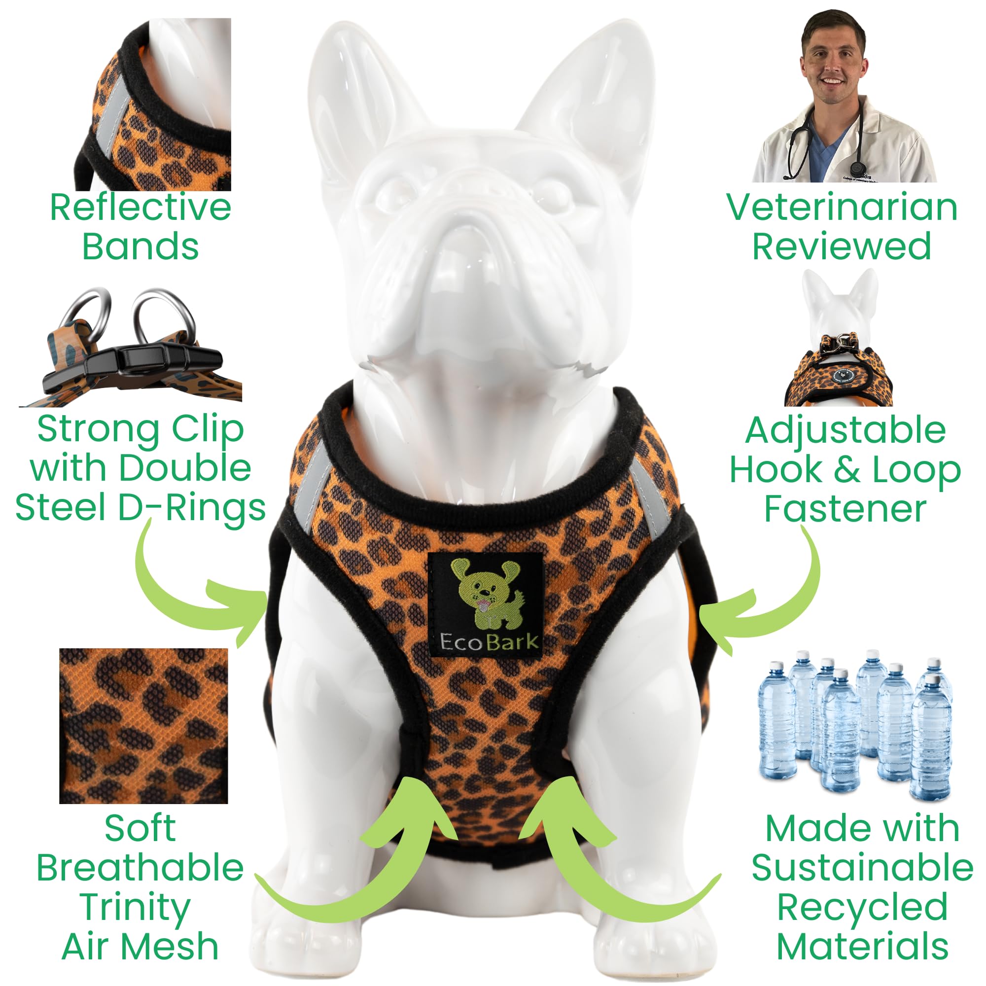 Ecobark Step In Dog Harness - Eco-Friendly Small Breed Dog Harnesses For Xs And Small Dogs - Reflective And Adjustable Mini Body Halter Vest - Soft Mesh Toy Breed Harness (Cheetah,Small)