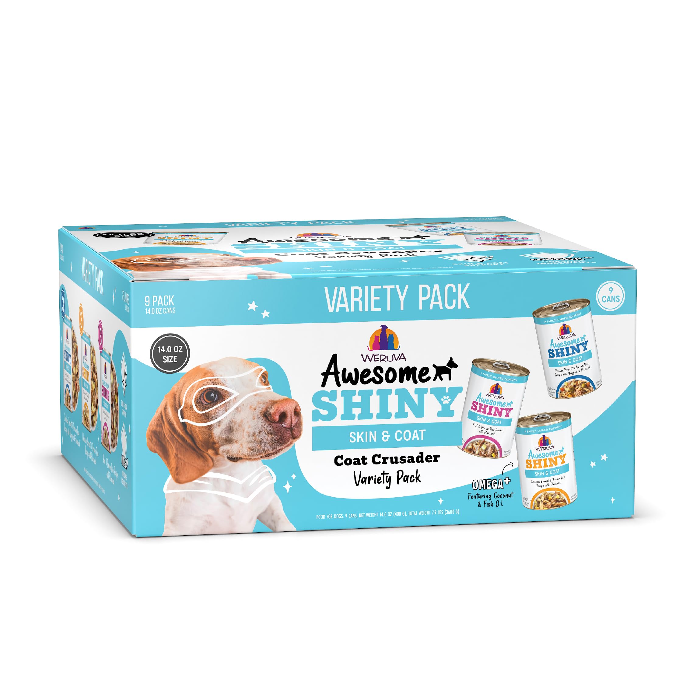 Weruva Awesome Shiny Wet Dog Food, Coat Crusader Variety Pack, 14oz Can (Pack of 9)