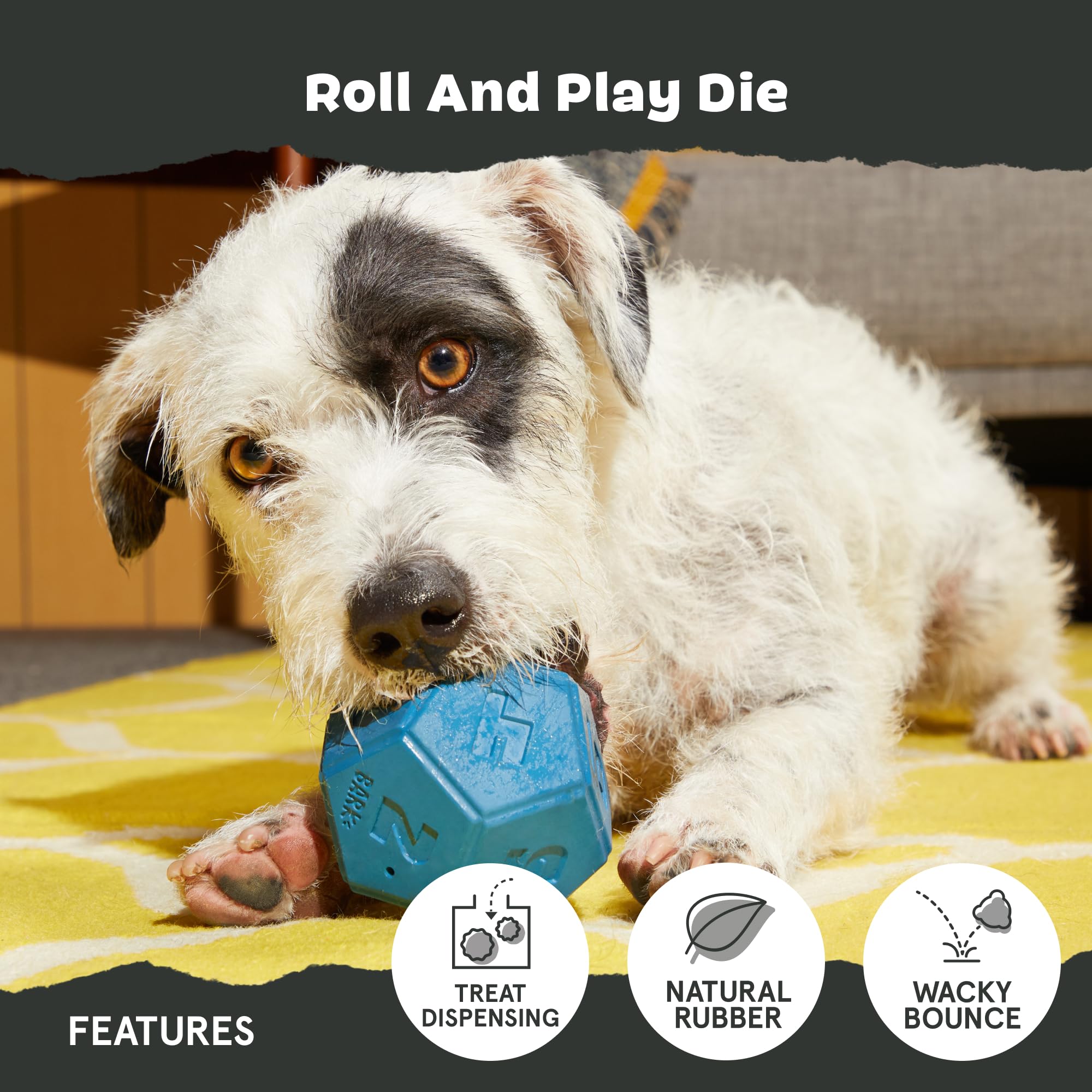 Barkbox Roll And Play Die Dog Toy, Natural Rubber, Treat Dispensing, Toss & Tumble Fun With Wacky Bounce - Dog Toy For Aggressiv