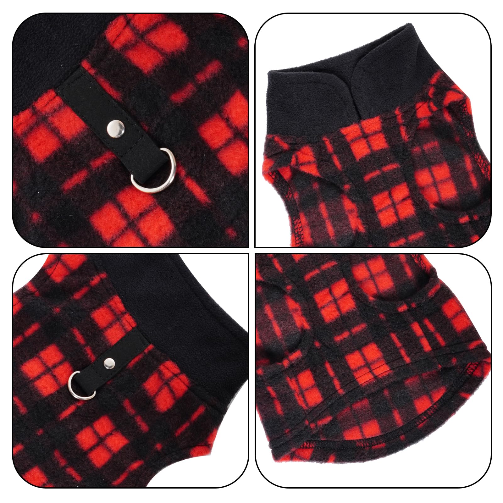 Rbenxia Plaid Dog Sweater With Leash Ring - Soft Fleece Vest Pullover Jacket For Small Puppy & Cat Pets (Black & Red, X-Small)
