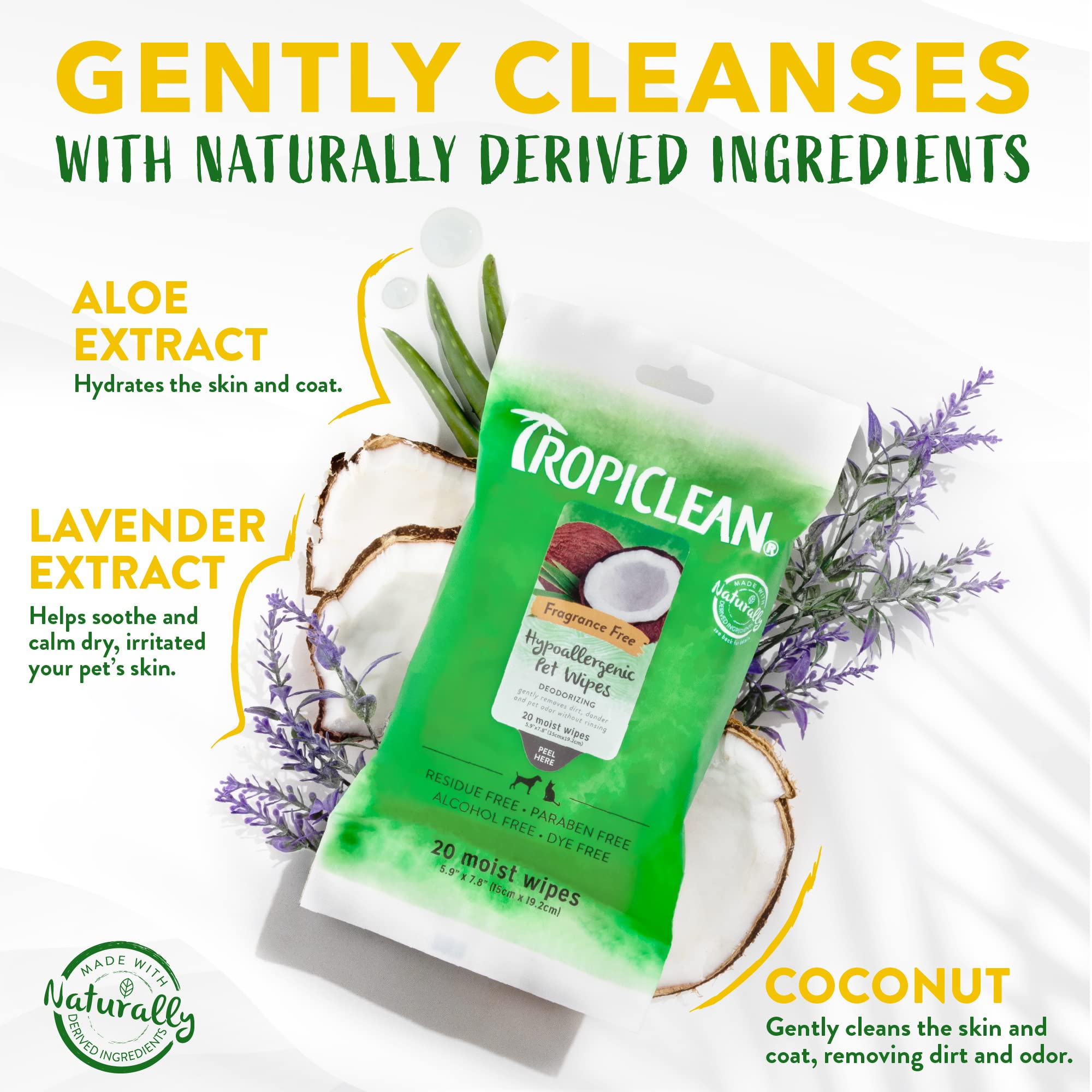 Tropiclean Hypoallergenic Dog Wipes For Paws And Butt | Fragrance Free Dog Grooming Wipes | Safe For The Face | Puppy & Cat Frie