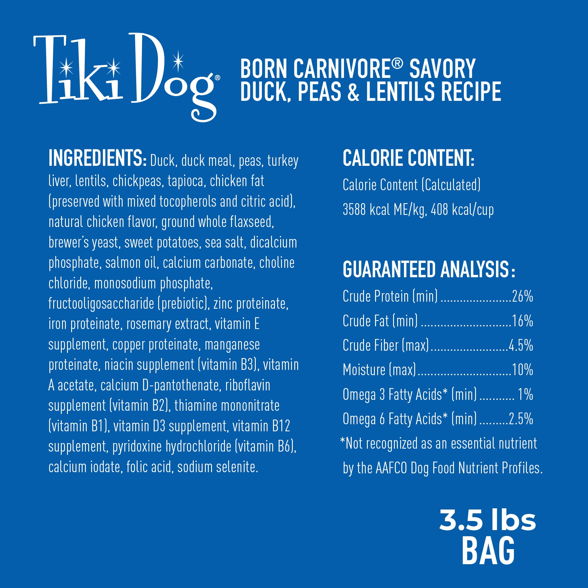 Tiki Dog Born Carnivore for Dogs, Savory Duck, Peas & Lentils Recipe, Grain Free Baked Kibble for Maximum Nutrition, For Adult D