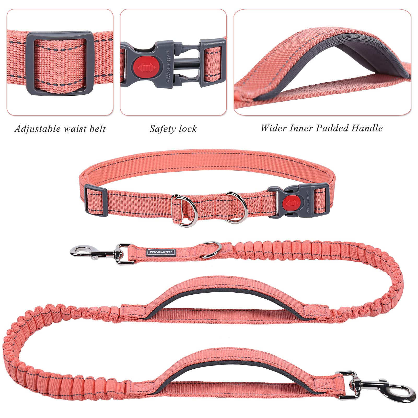 Vivaglory Hands Free Dog Running Leash With Dual Advanced Anti-Shock Bungees And Padded Handles, Reflective Waist Jogging Leash With Adjustable Belt For Training For Medium Large Dogs, Pink/Grey