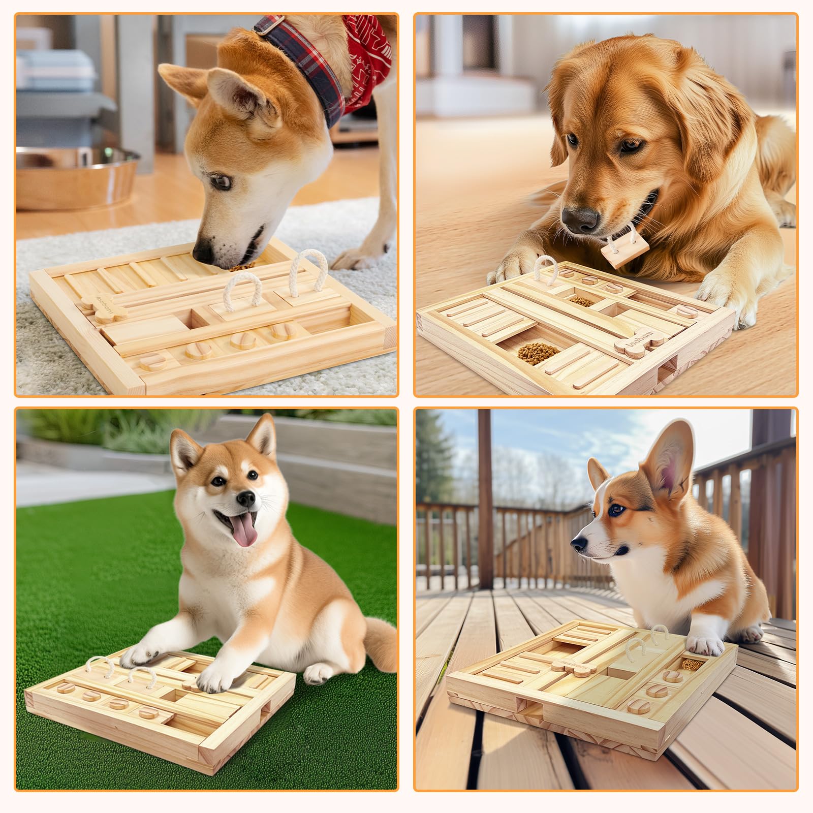LOOBANI Dog Puzzle Toys - Wooden Interactive Slow Feeder, L-Square Slide Puzzle for Small to Large Dogs, Model OL-LB-FiveOne-CC
