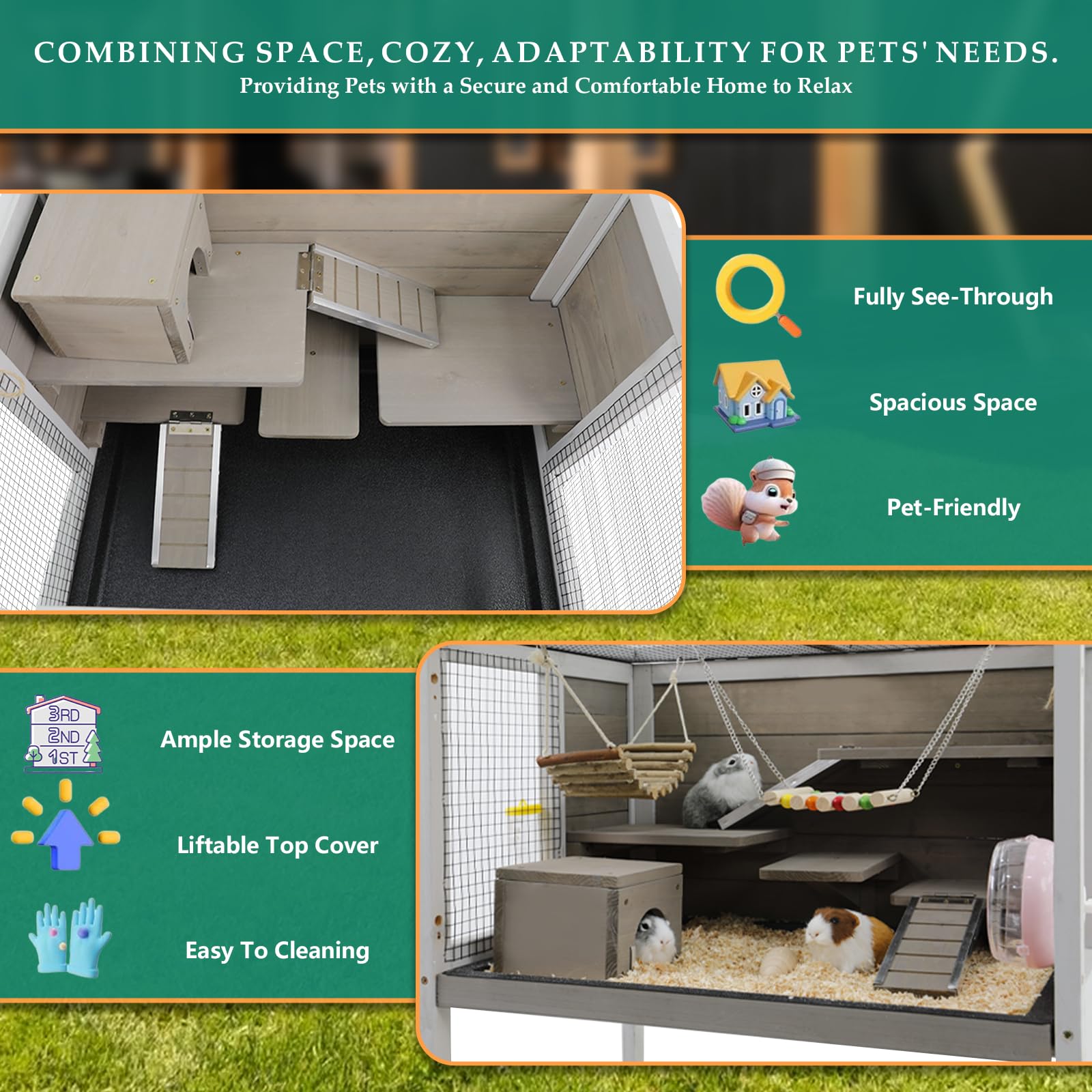 Petscosset Guinea Pig Cages Wooden Hamster Cage Indoor With Stand And Storage Outdoor Small Animals Habitat With Metal Edges Ram