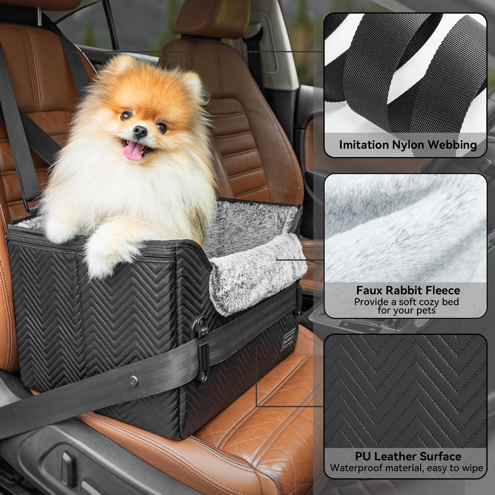 PETSFIT Waterproof Dog Car Seat, Small Glossy Black PU Leather with Safe Buckles & Clip-On Leash for Pets Up to 25lbs