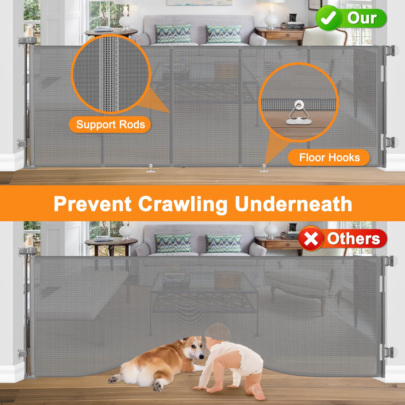 Reinforced No Drill 100'' Wide Retractable Baby Gates for Doorways No Drilling Extra Long Baby Gates Indoor Extra Long Retractab